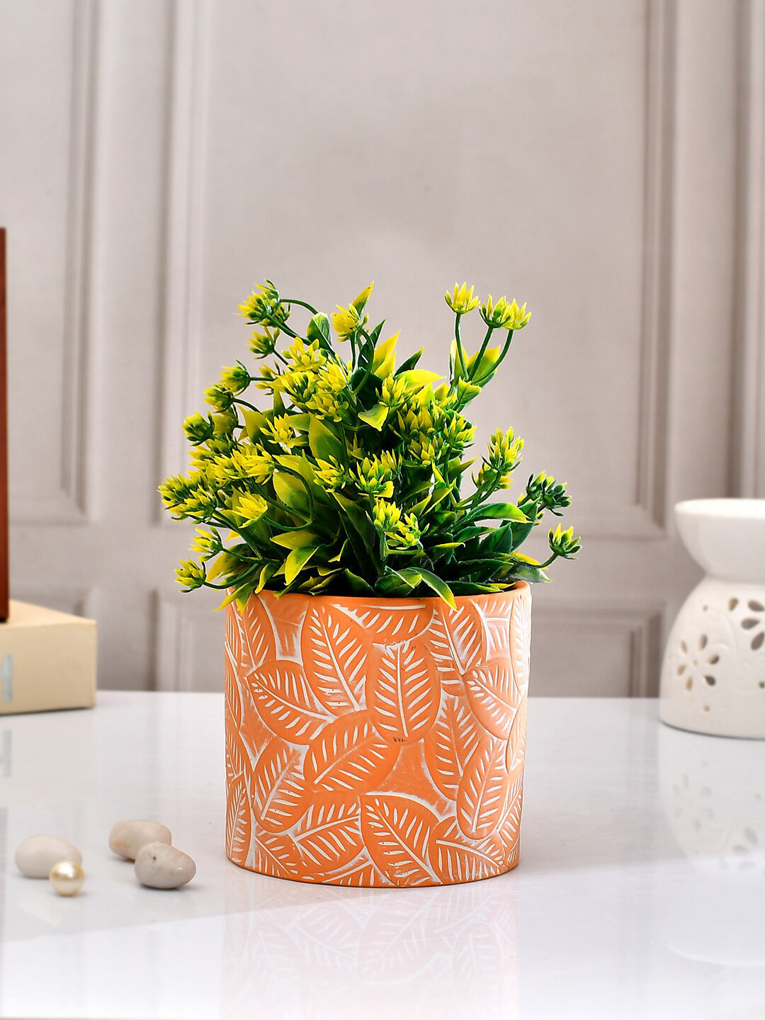 TAYHAA Orange White Leaf Textured Ceramic Planter
