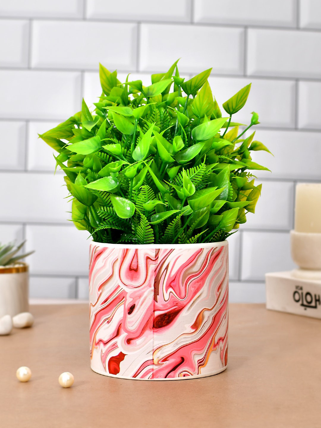 TAYHAA Red & White Abstract Printed Ceramic Planter