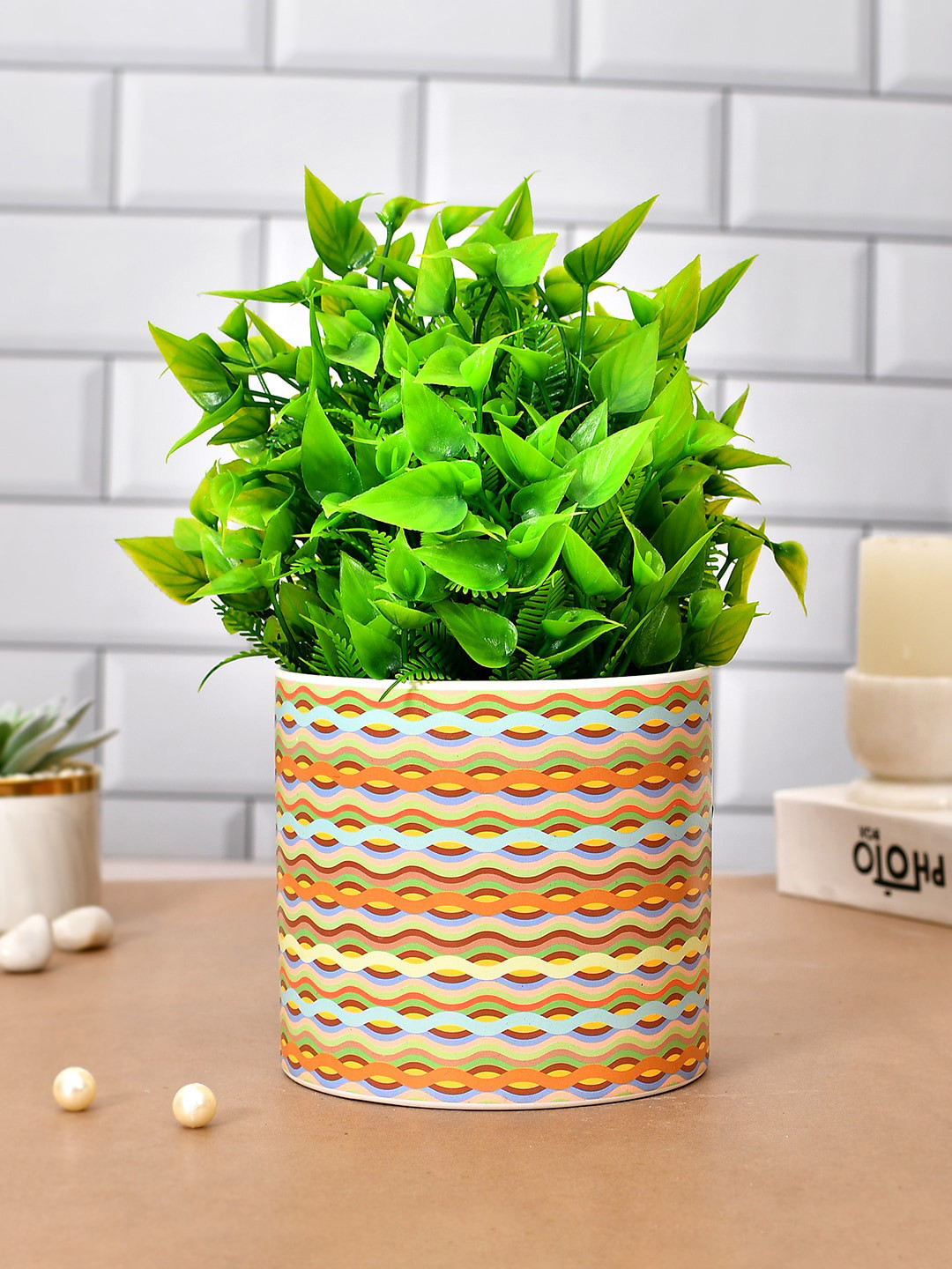 TAYHAA Yellow & Green Abstract Printed Ceramic Planter