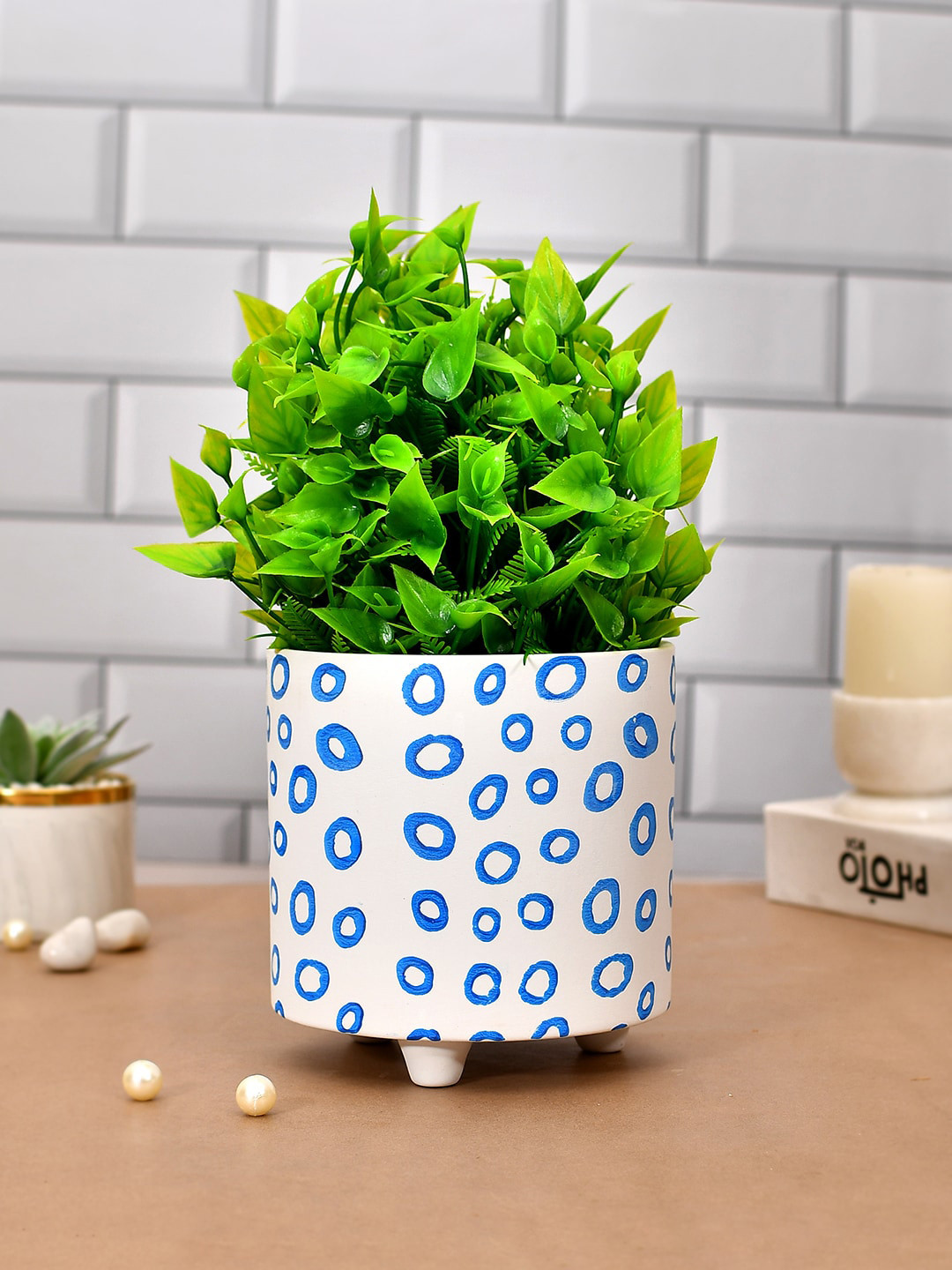 TAYHAA White Blue Abstract Drop Ceramic Planter
