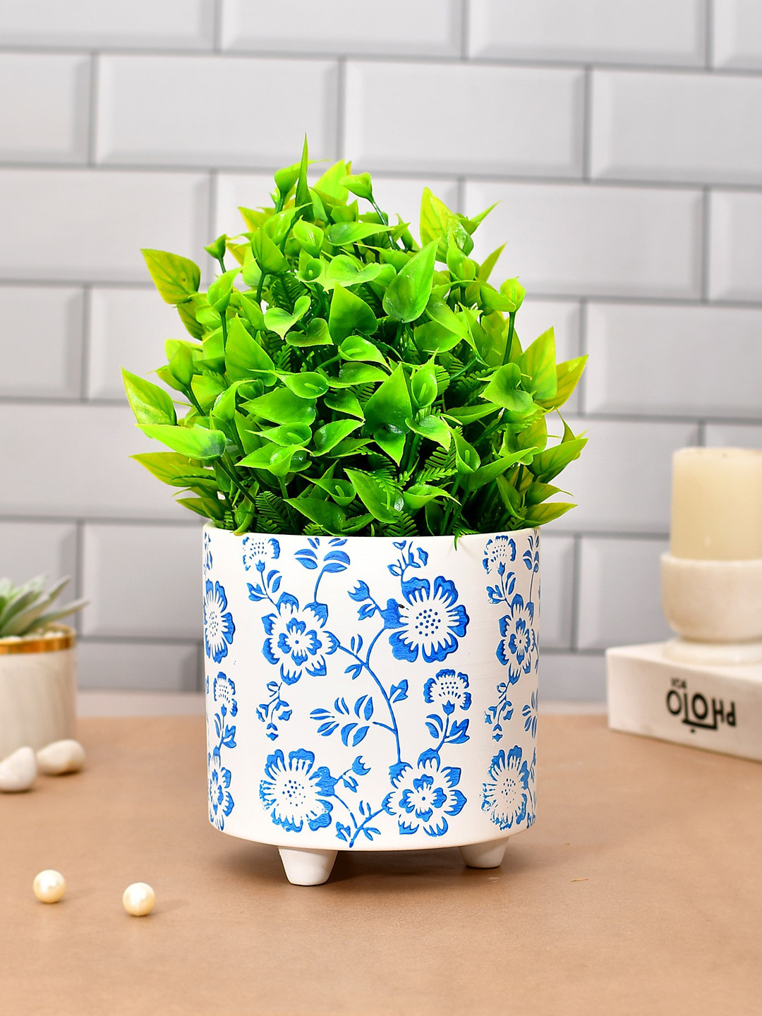 TAYHAA White & Blue Flowers Printed Ceramic Planter