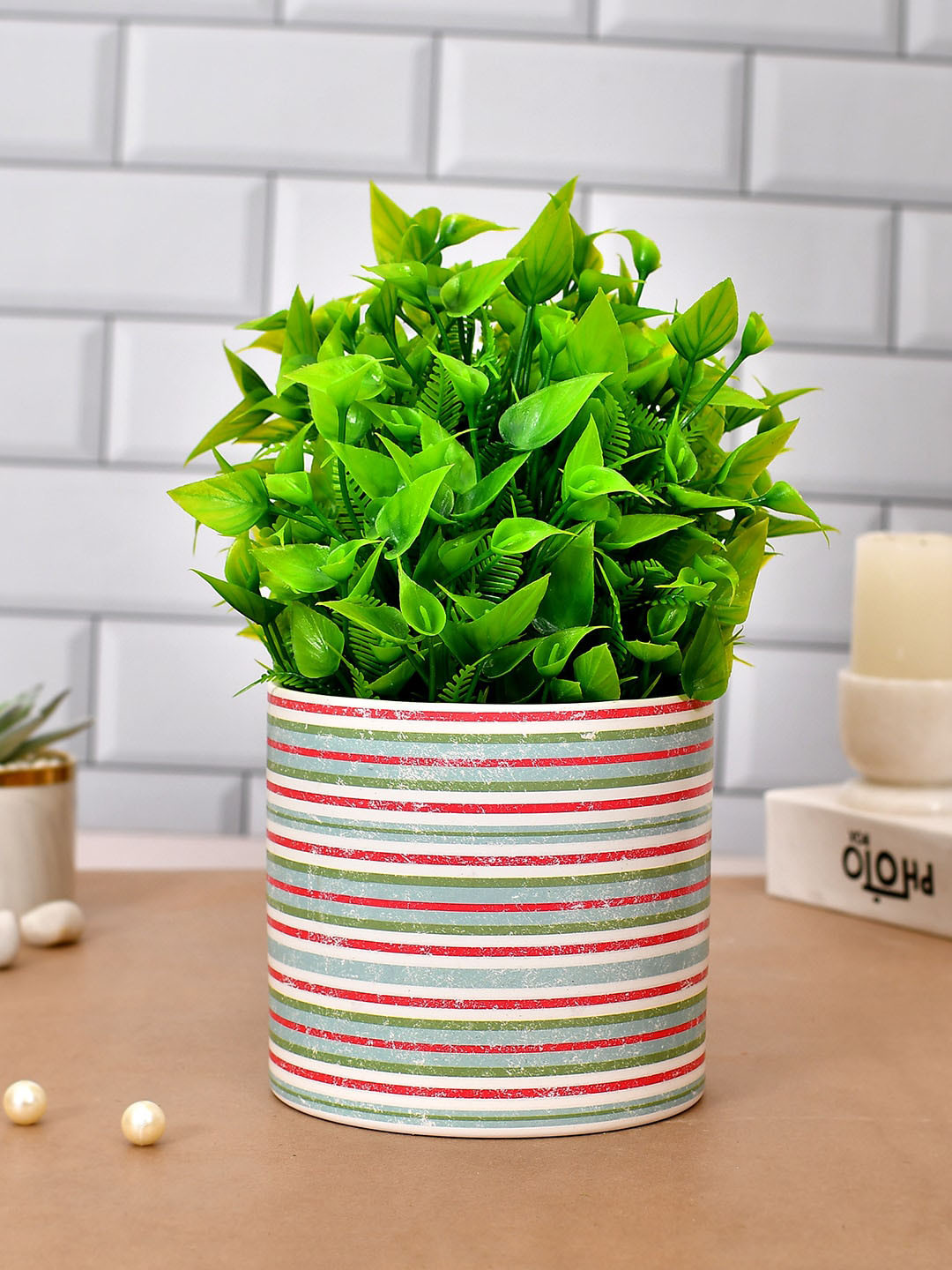 TAYHAA Spiro-Cera White & Green Striped Ceramic Planter