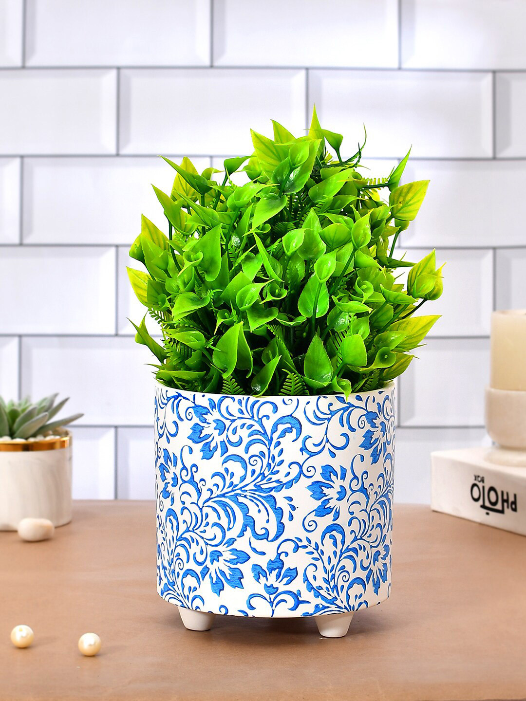 TAYHAA White Blue Floral Printed Ceramic Planter