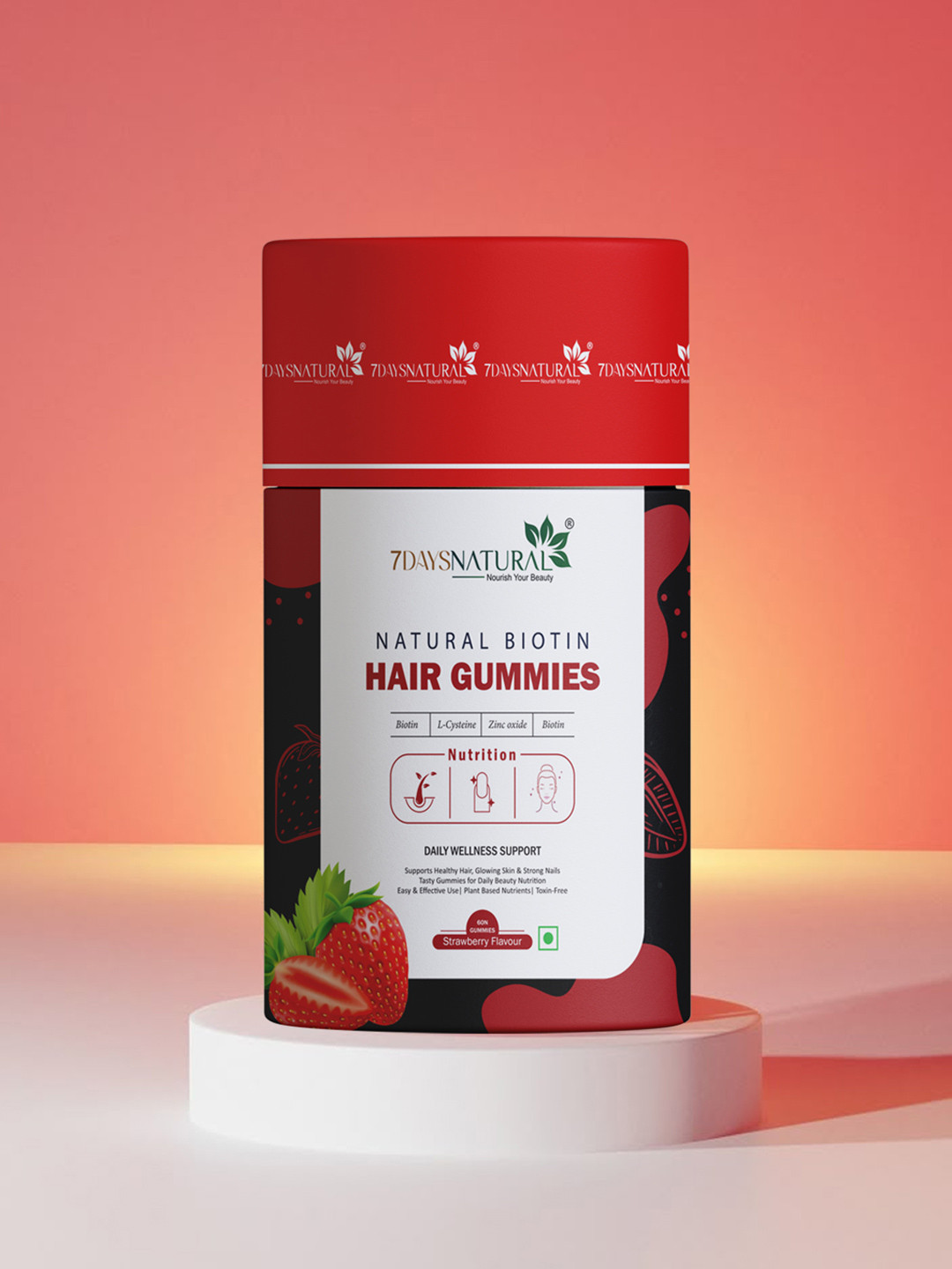 7DAYSNATURAL Biotin Hair & Beard Strawberry Flavour Gummies with Grapeseed Extract - 60 Gummies