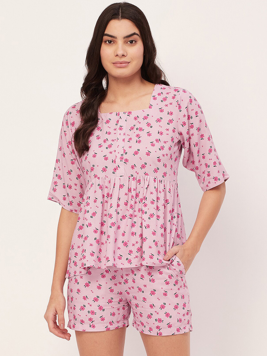 Moomaya Floral Printed Square Neck Night Suit