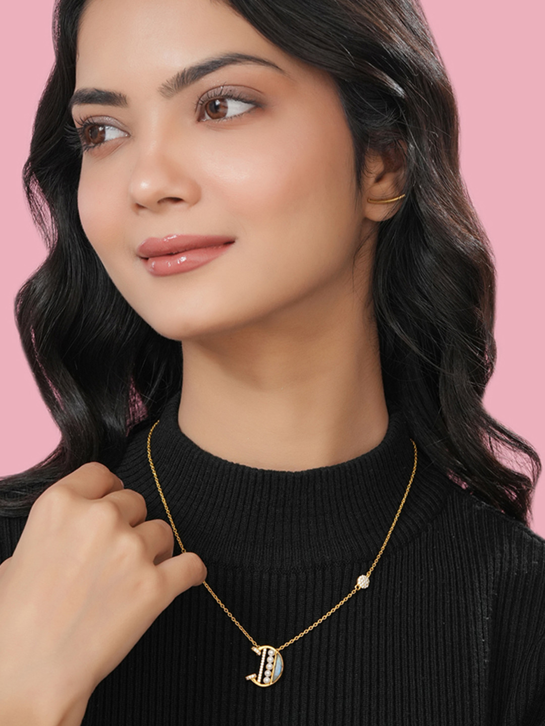 Kicky And Perky 925 Sterling Silver Gold-Plated Stone-Studded Alphabet D Pendant Chain
