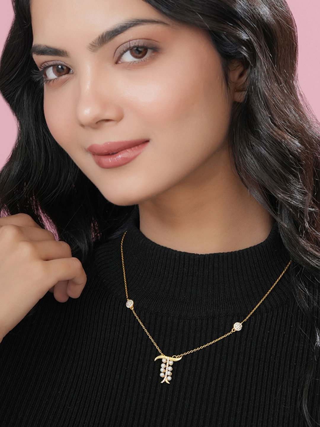 Kicky And Perky 925 Sterling Silver Gold-Plated Pearls & Mossanite Studded Pendant & Chain