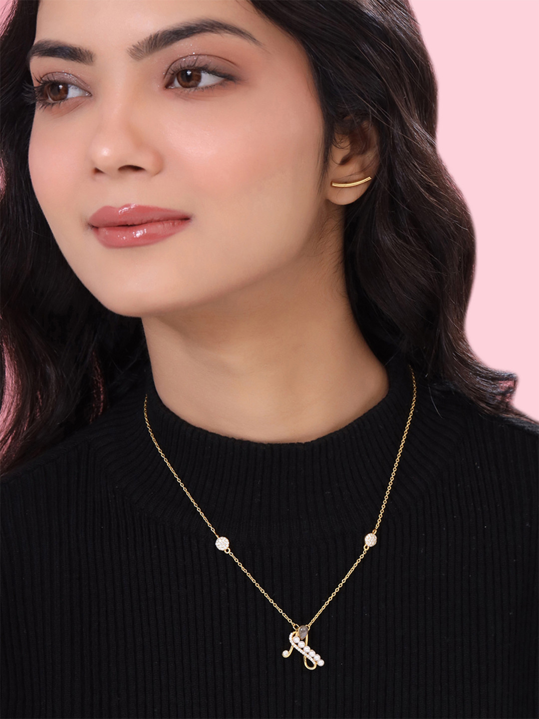 Kicky And Perky Gold-Plated Stone-Studded & Alphabet A-Charm Pendant With Chain