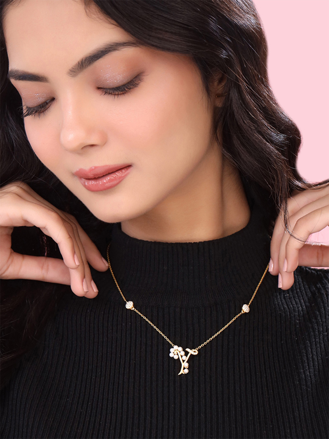 Kicky And Perky 925 Sterling Silver Pearls & Mossanite Studded Alphabet Y Pendant & Chain