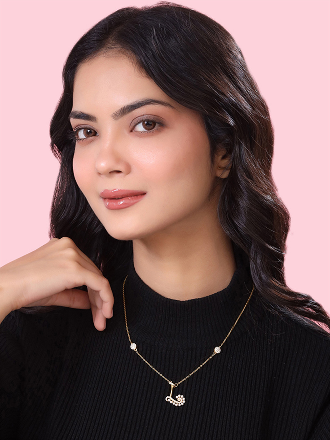 Kicky And Perky Gold-Plated Stone-Studded & Alphabet L-Charm Pendant With Chain