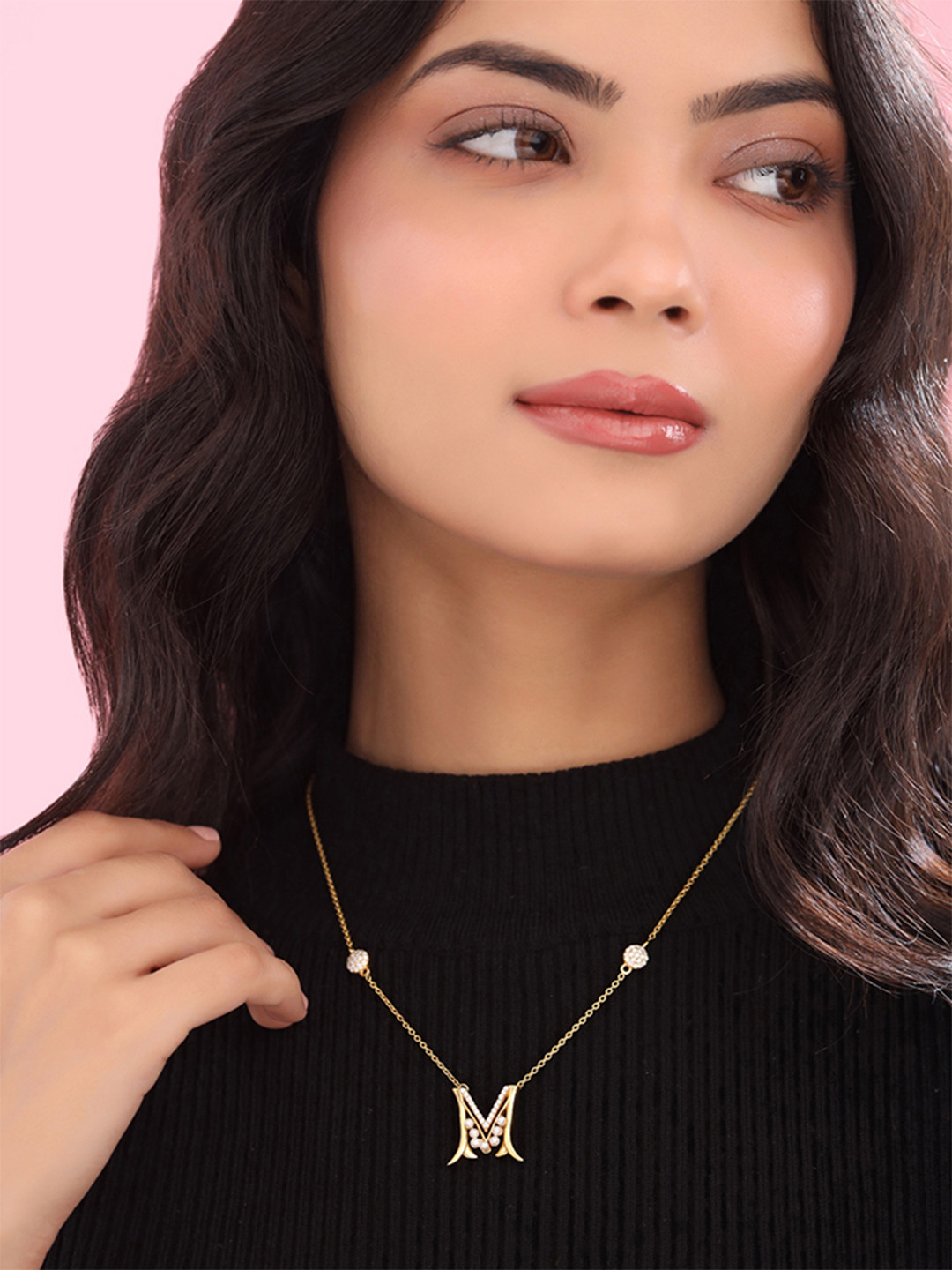 Kicky And Perky Gold-Plated Stone Studded & Alphabet M-Charm Pendant With Chain