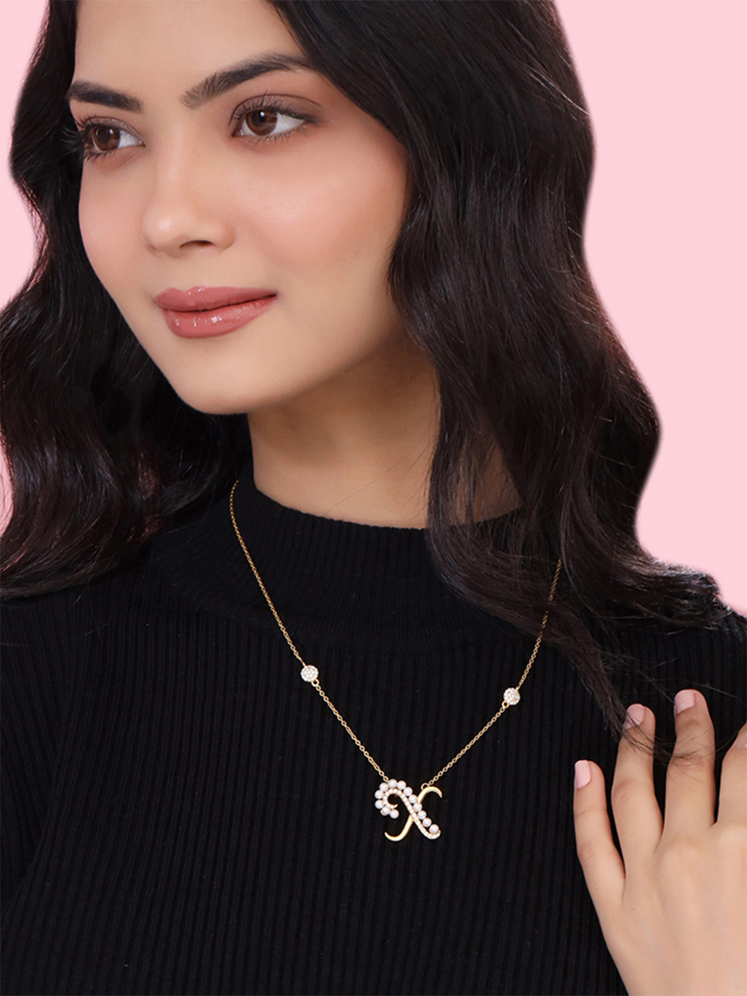 Kicky And Perky 925 Sterling Silver Gold-Plated Stone-Studded Alphabet X Pendant Chain