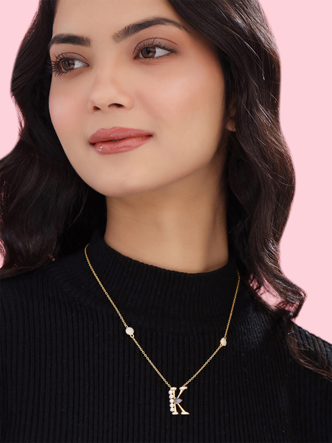 Kicky And Perky 925 Sterling Silver Gold-Plated Stone-Studded Alphabet K Pendant Chain