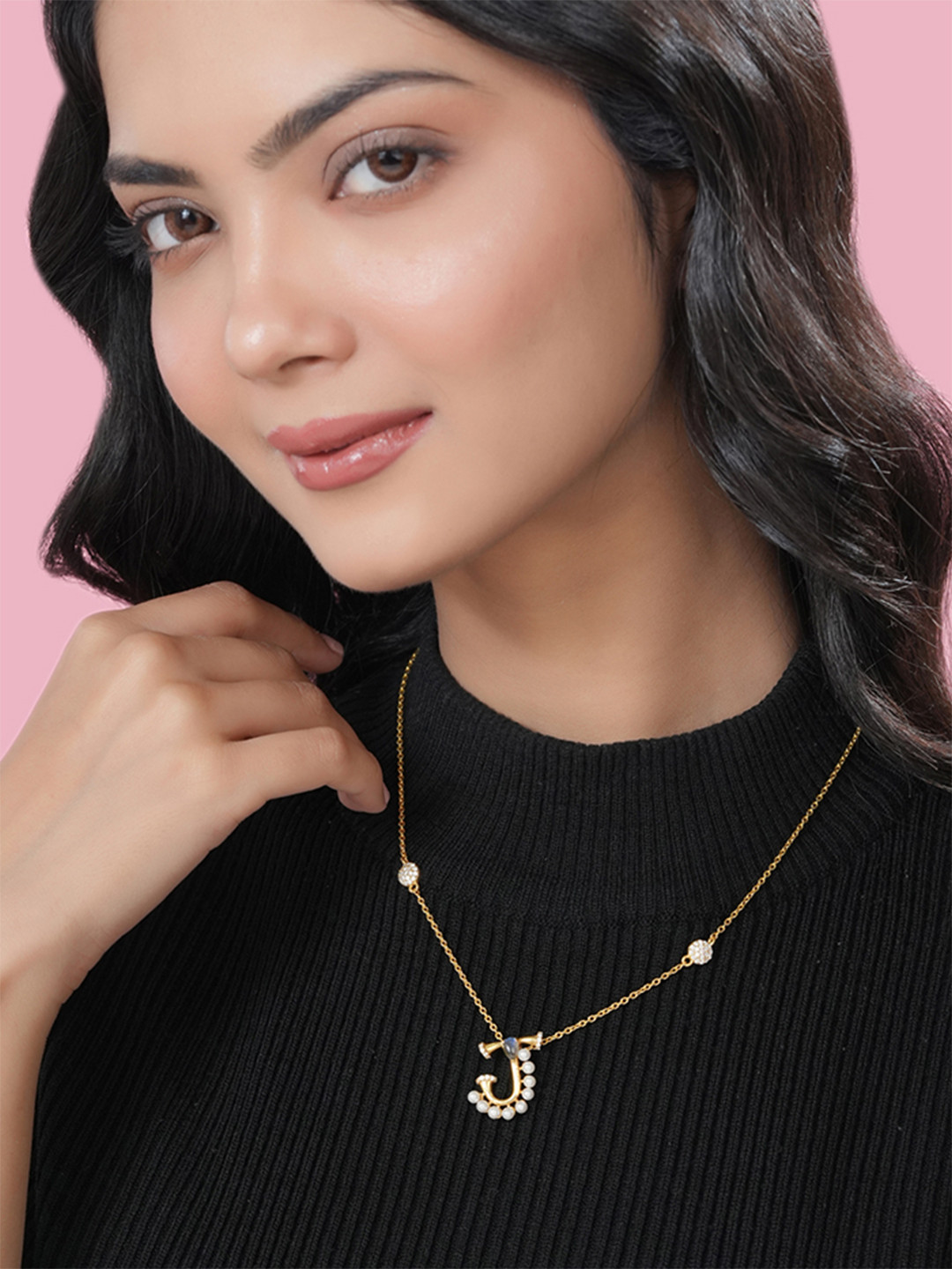 Kicky And Perky Pearls Mossanite & Labradorite Studded & Alphabet J Charm Pendant & Chain