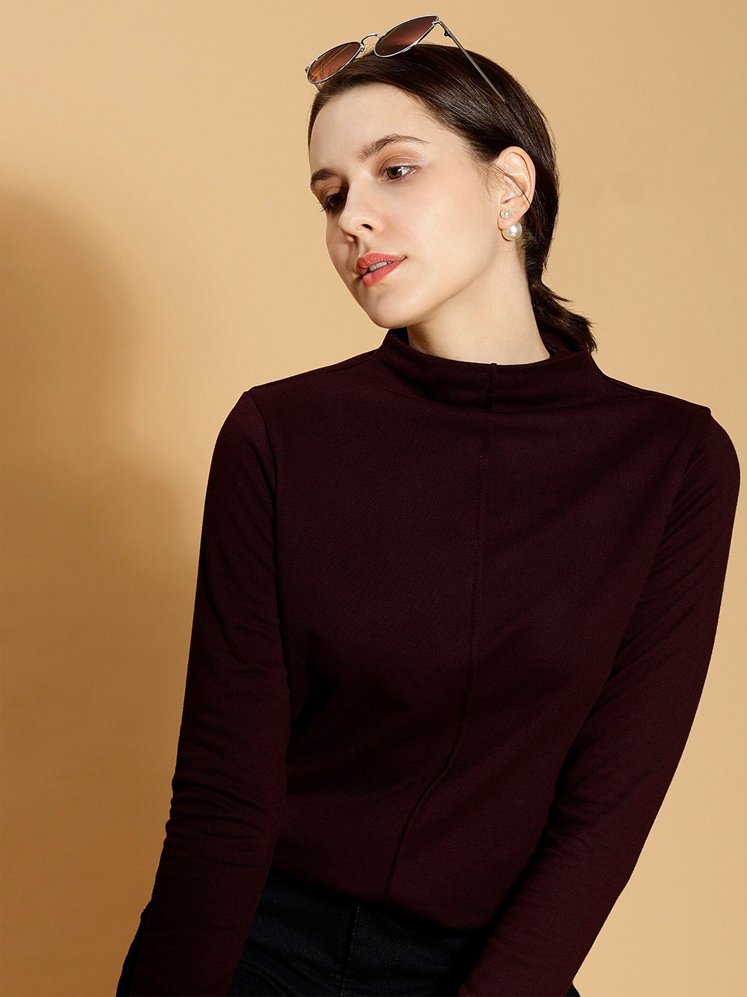 DressBerry Burgundy High Neck Long Sleeved Top