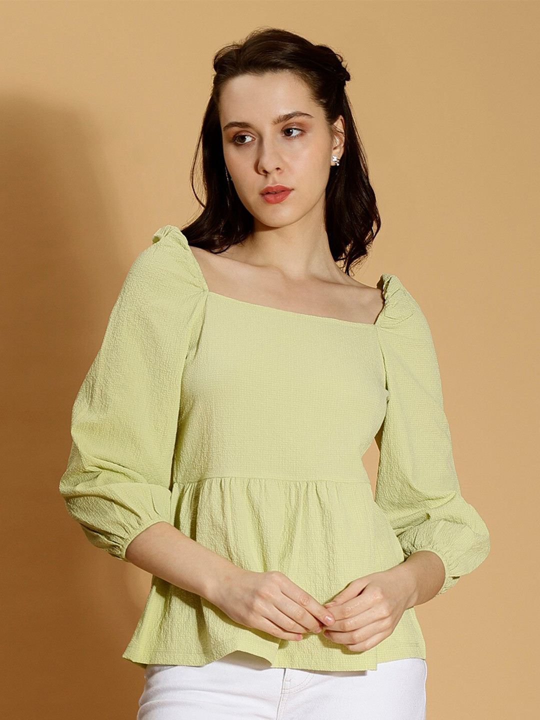 DressBerry Lime Green Square Neck Peplum Top