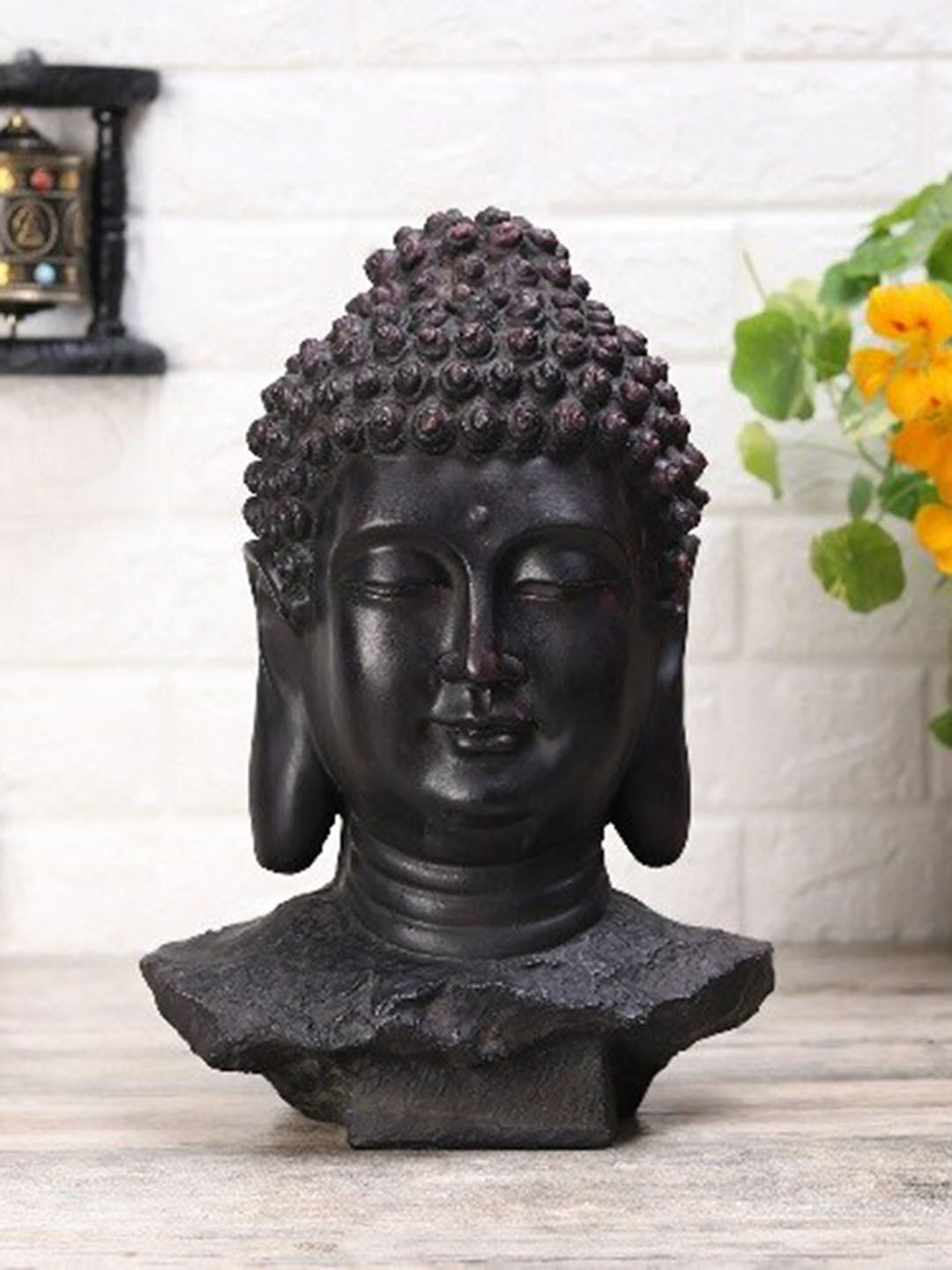 ECLAT FURNISH Budha Face Black Polyresin Glossy Living Room Large Showpiece - 4.7 Inches