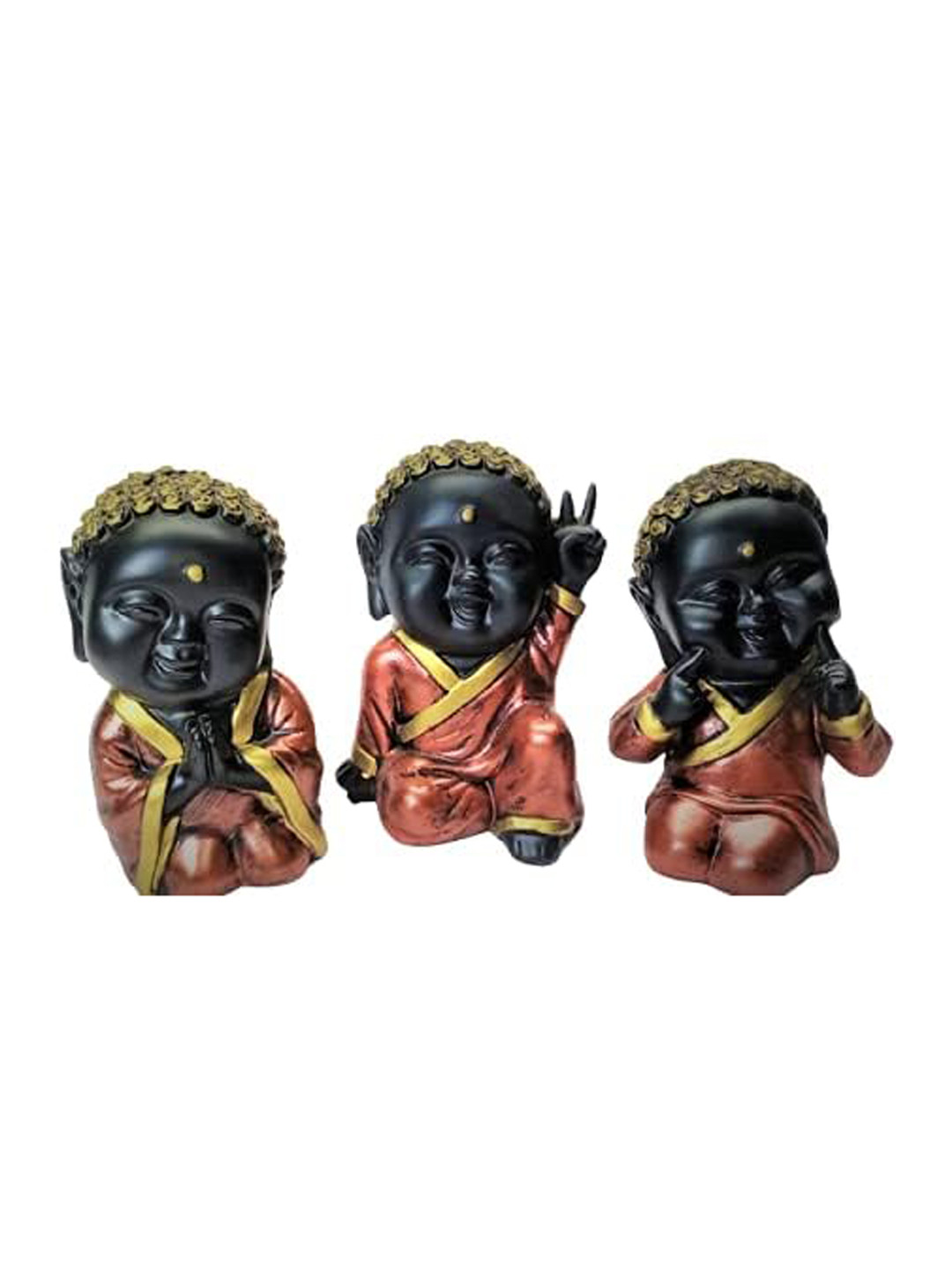 ECLAT FURNISH Baby Buddha Giving Cute Selfie Poses Black Polyresin Glossy Living Room Set of 3 Small Showpieces - 3.9 Inches