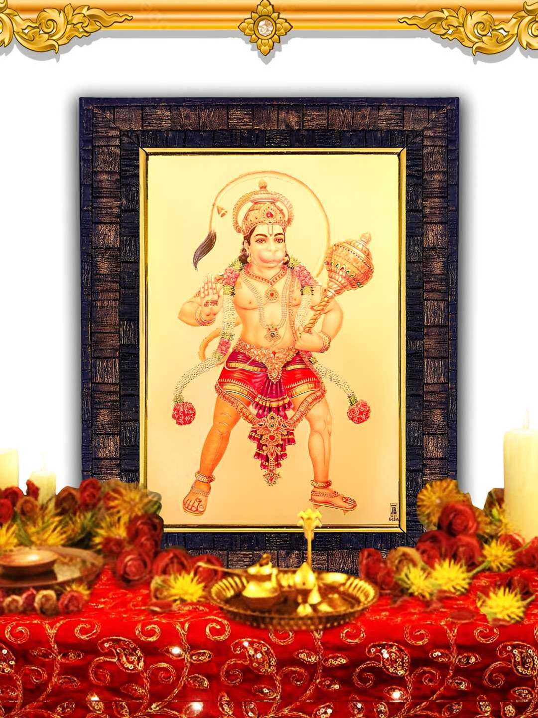 Hawai Black & Gold Toned Shree Bajrang Bali Hanuman Ji Wood Wall Photo Frame