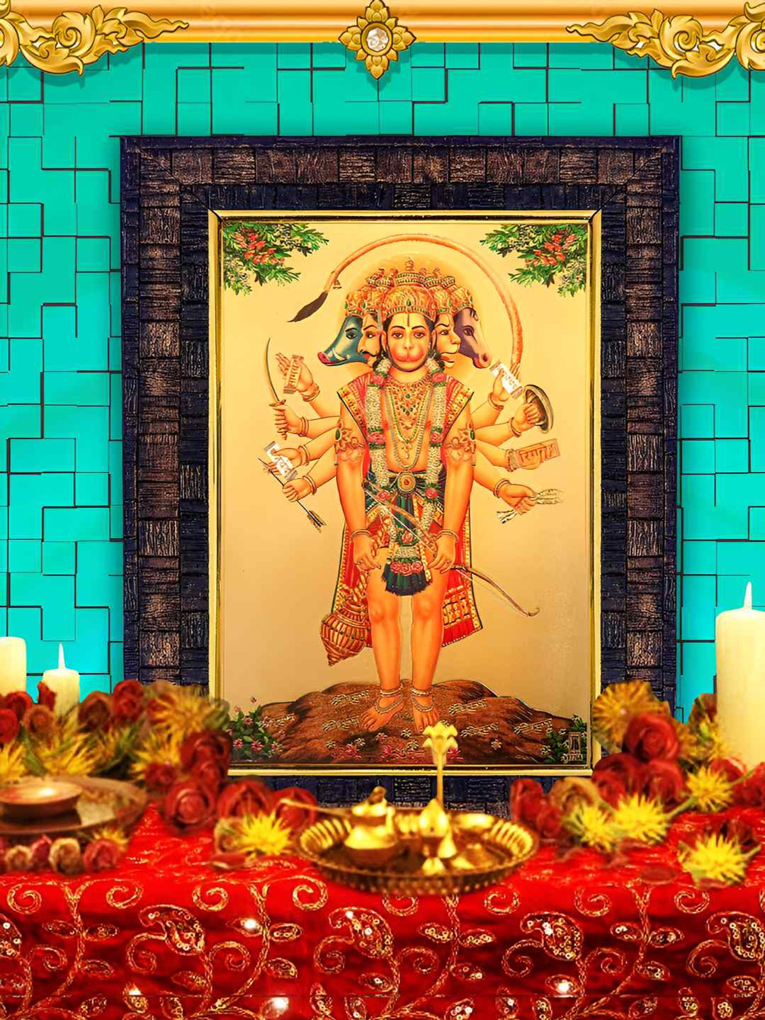 Hawai Black 24k Gold Plated Panchmukhi Hanuman Foil Embossed Wooden Wall Photo Frame