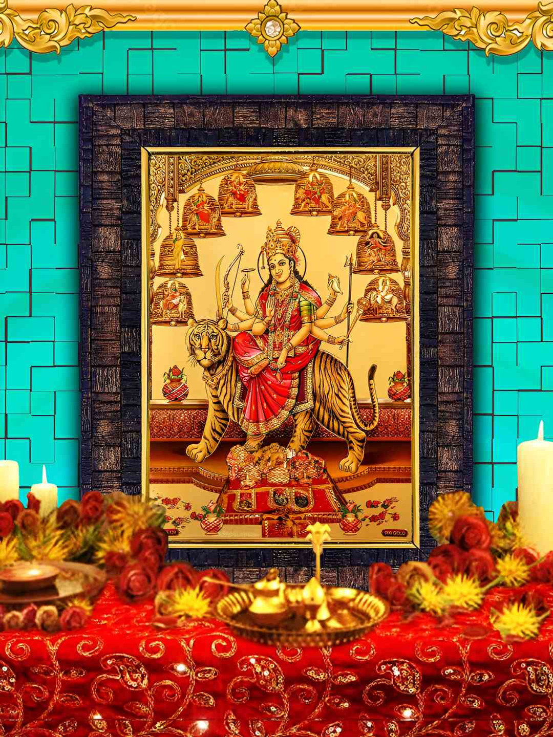 Hawai Black 24k Gold Plated Durga Devi Nav Durga Sherawali Ma Wood Wall Photo Frame