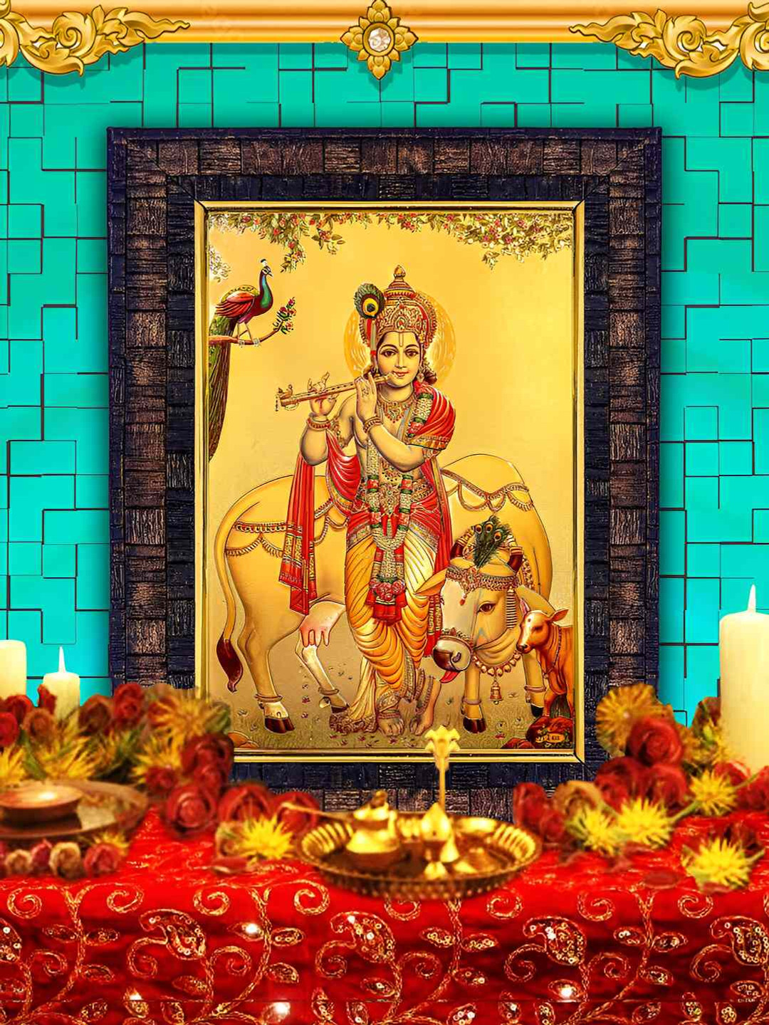 Hawai Black & Yellow Krishna 24k Gold Plated  Foil Embossed Wooden Wall Photo Frame