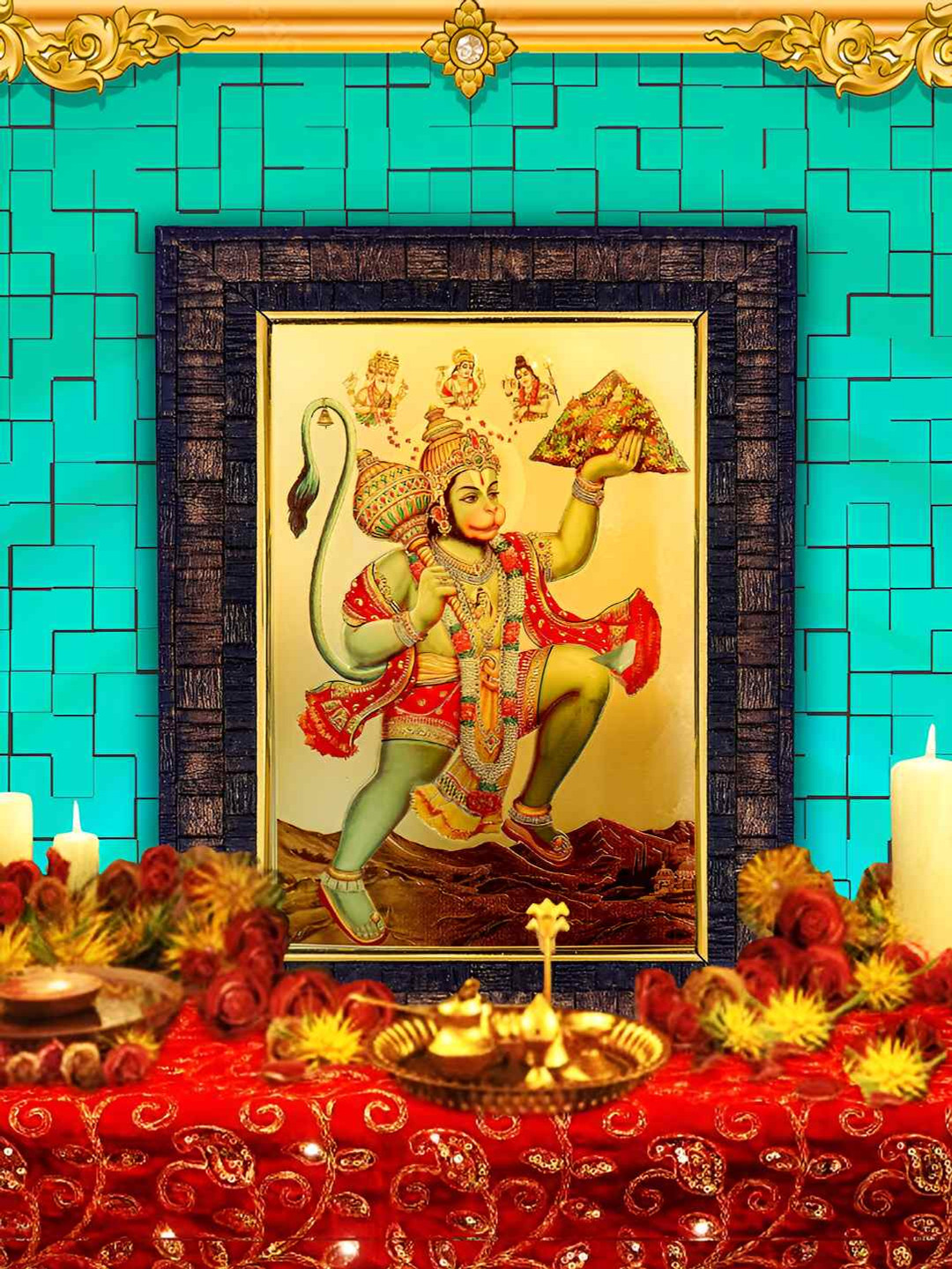 Hawai Black Shree Hanuman Sanjeevani 24k Gold Plated Foil Embossed Wooden Wall Photo Frame
