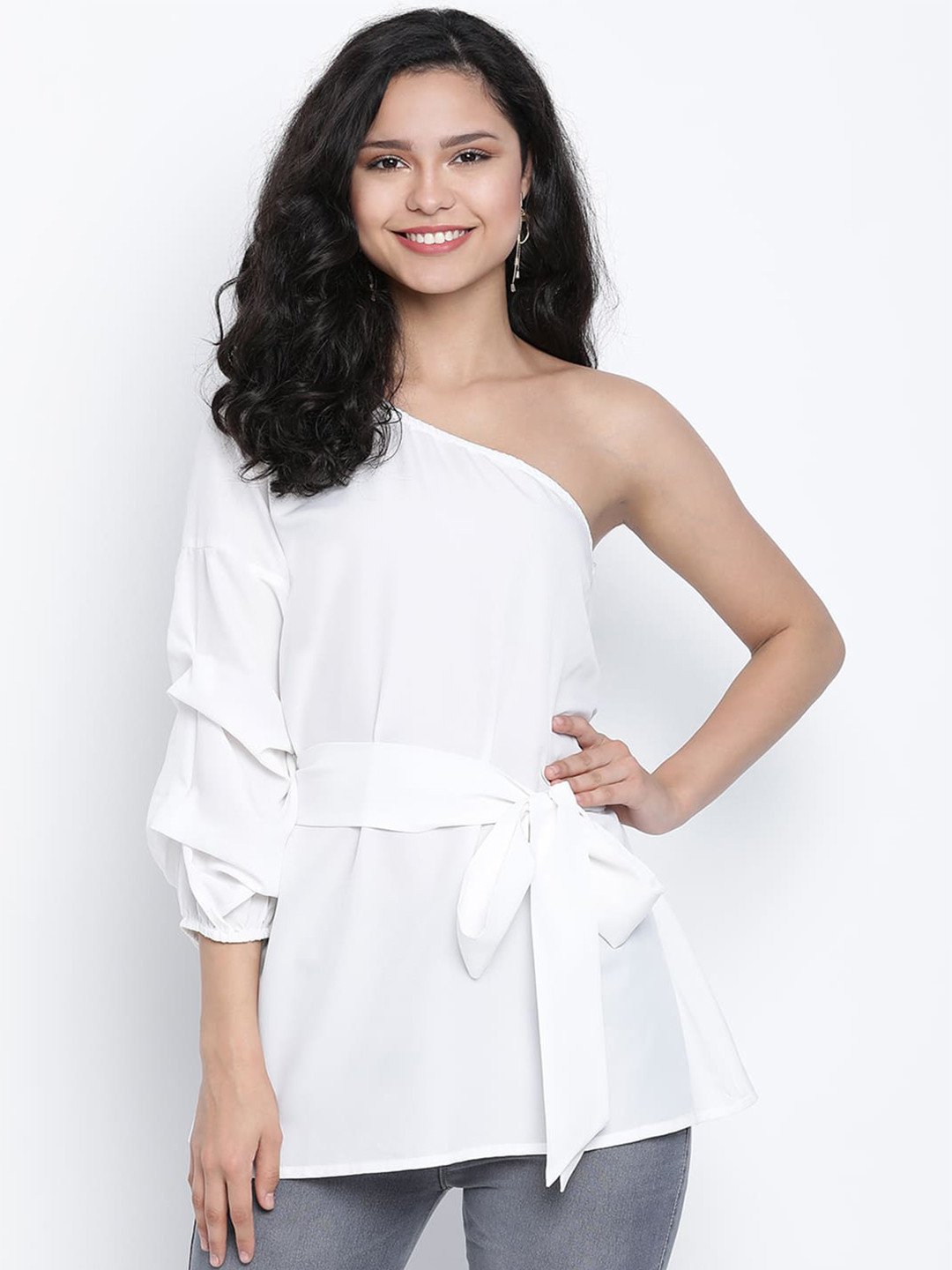 DRAAX Fashions One Shoulder Puff Sleeves Tie-Ups Top
