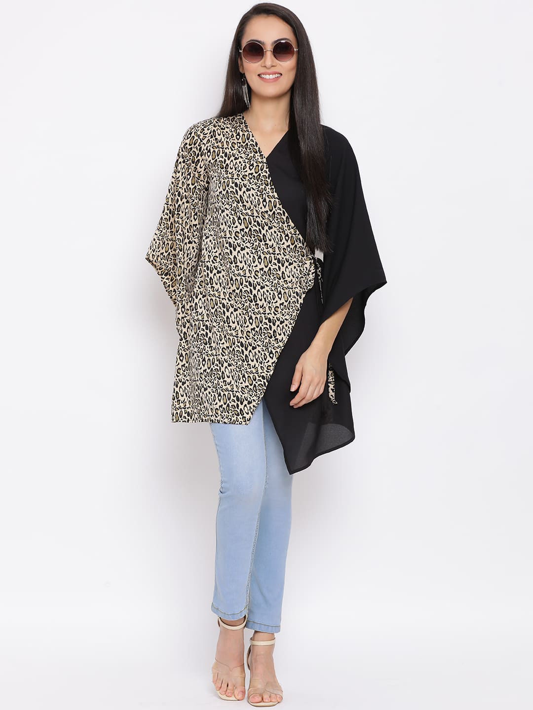 DRAAX Fashions Animal Printed V-Neck Bell Sleeves Long line Top
