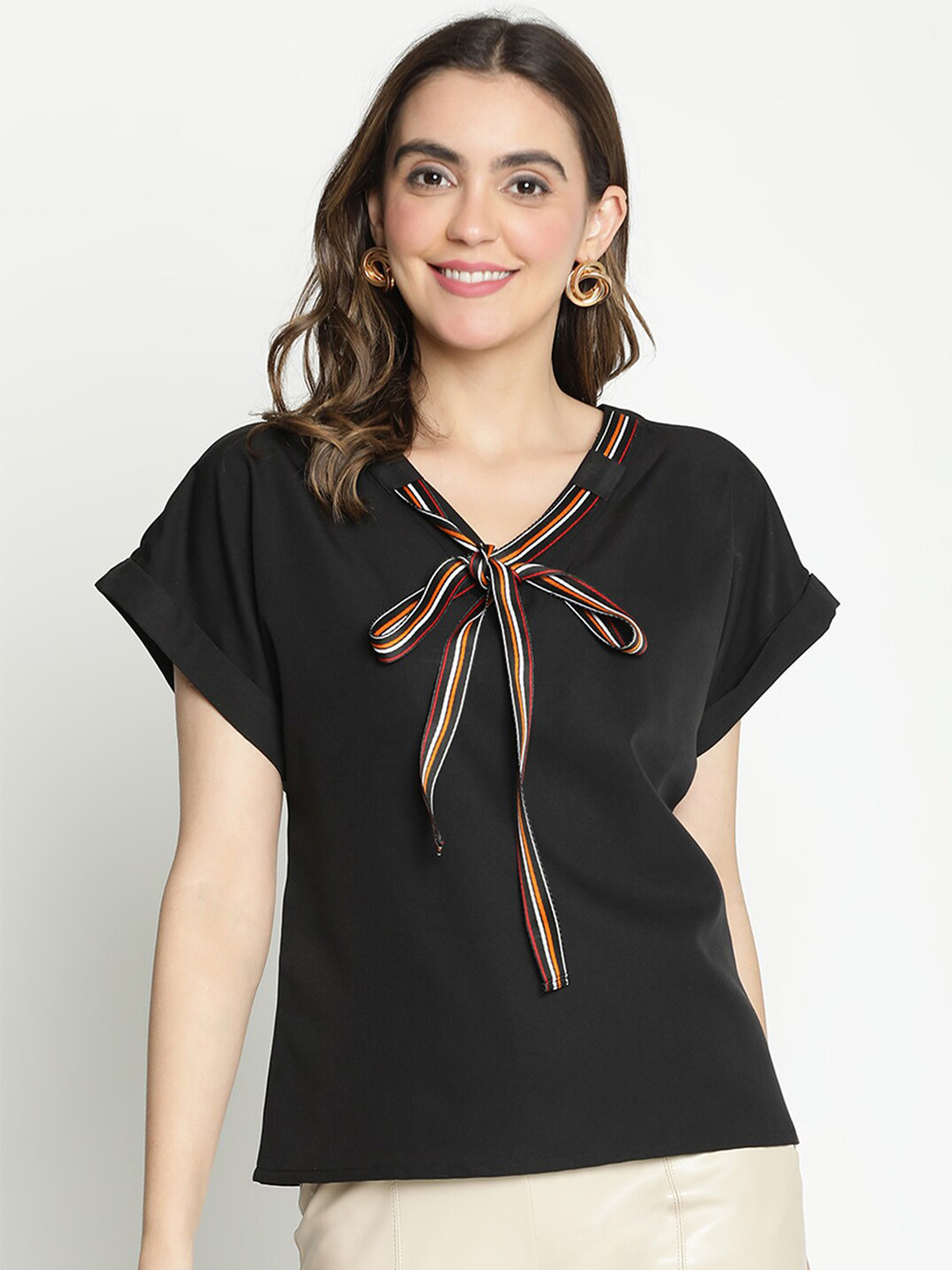 DRAAX Fashions Tie-Up Neck Extended Sleeves Top