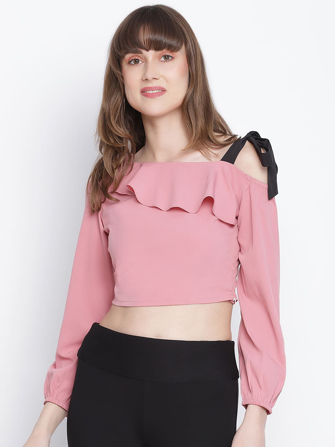 DRAAX Fashions One Shoulder Puff Sleeves Ruffled Crop Top