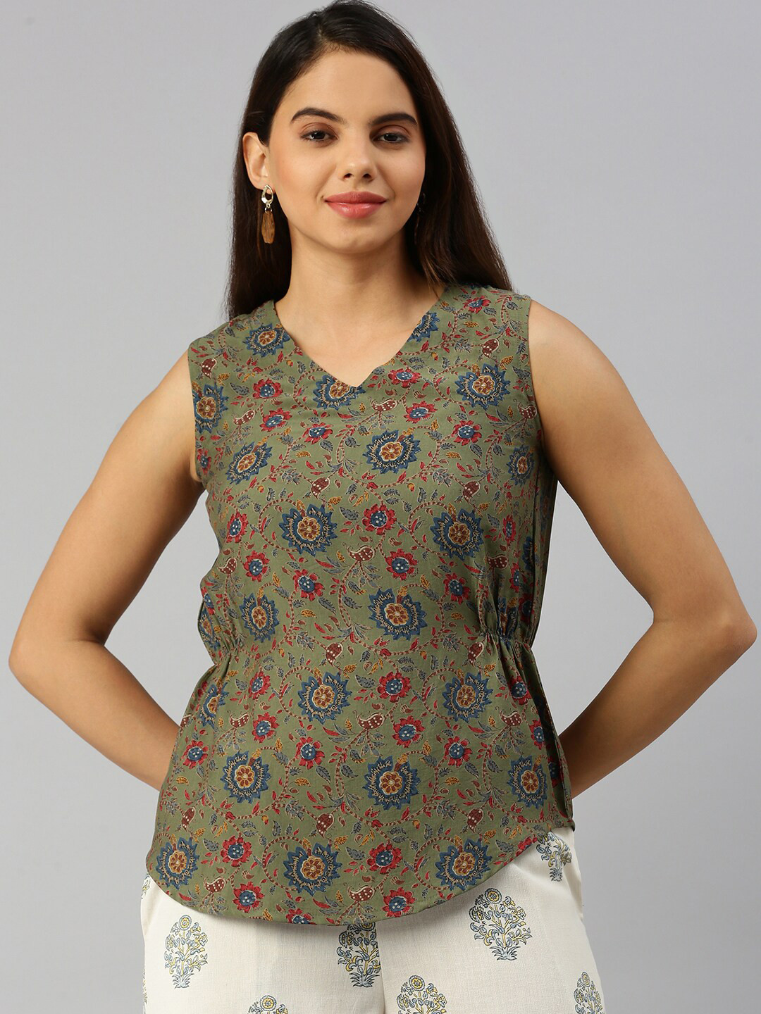 De Moza Floral Printed V-Neck Gathered Detailed Linen Top