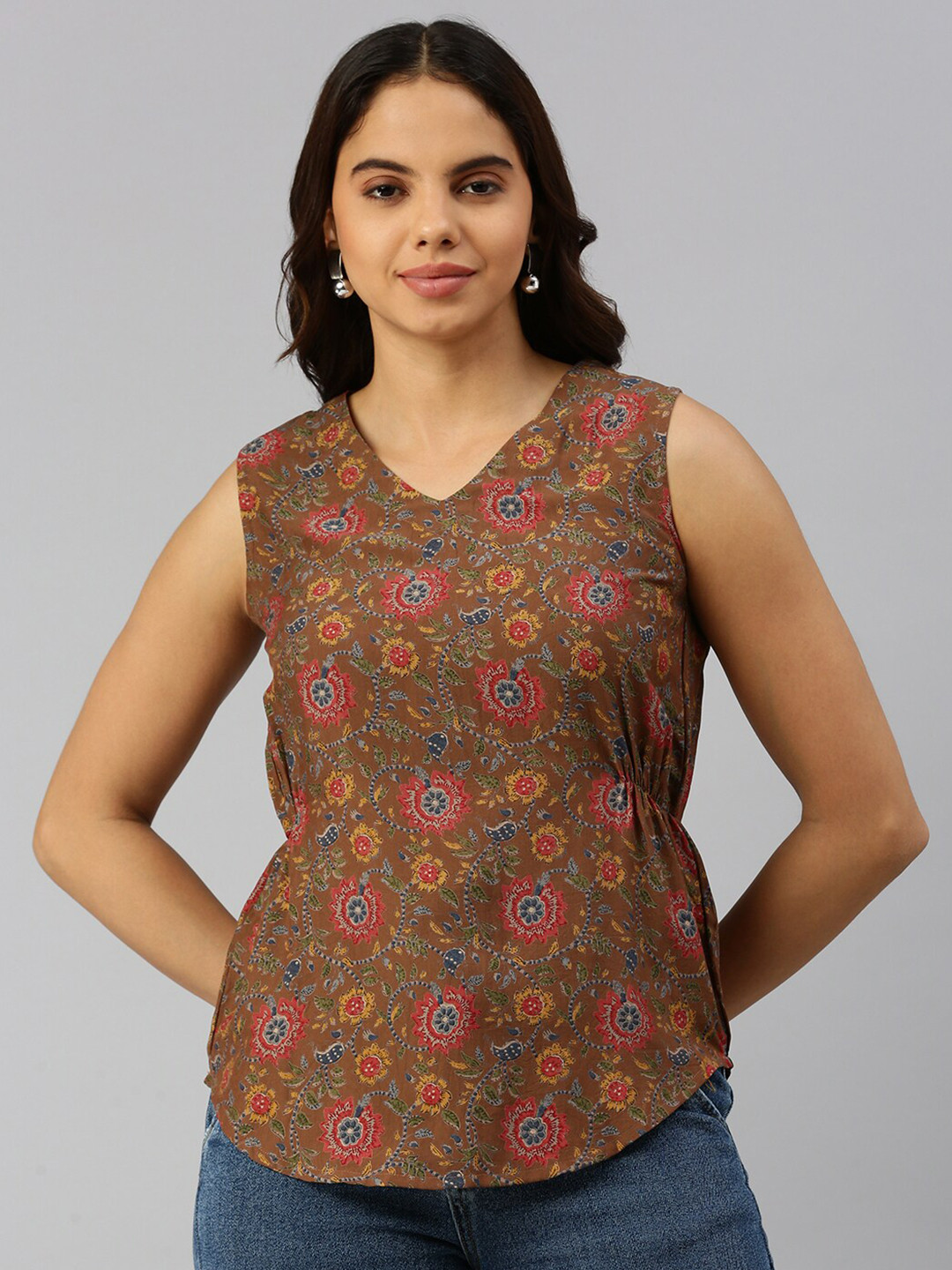 De Moza Floral Printed V-Neck Gathered Detailed Linen Top