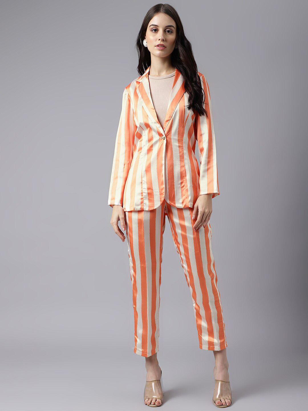 TRYMISFIT Striped Shawl Neck Long Sleeve Coat & Trouser