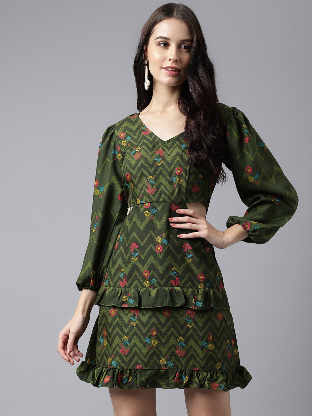 TRYMISFIT Floral Printed V-Neck Puff Sleeves Tiered Cotton Sheath Mini Dress