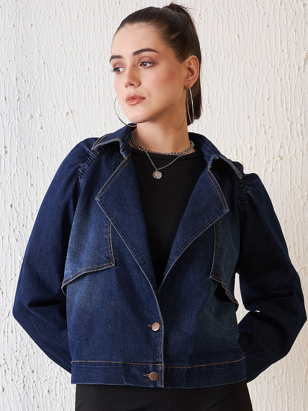 Antheaa Blue Lapel Collar Washed Oversized Denim Jacket