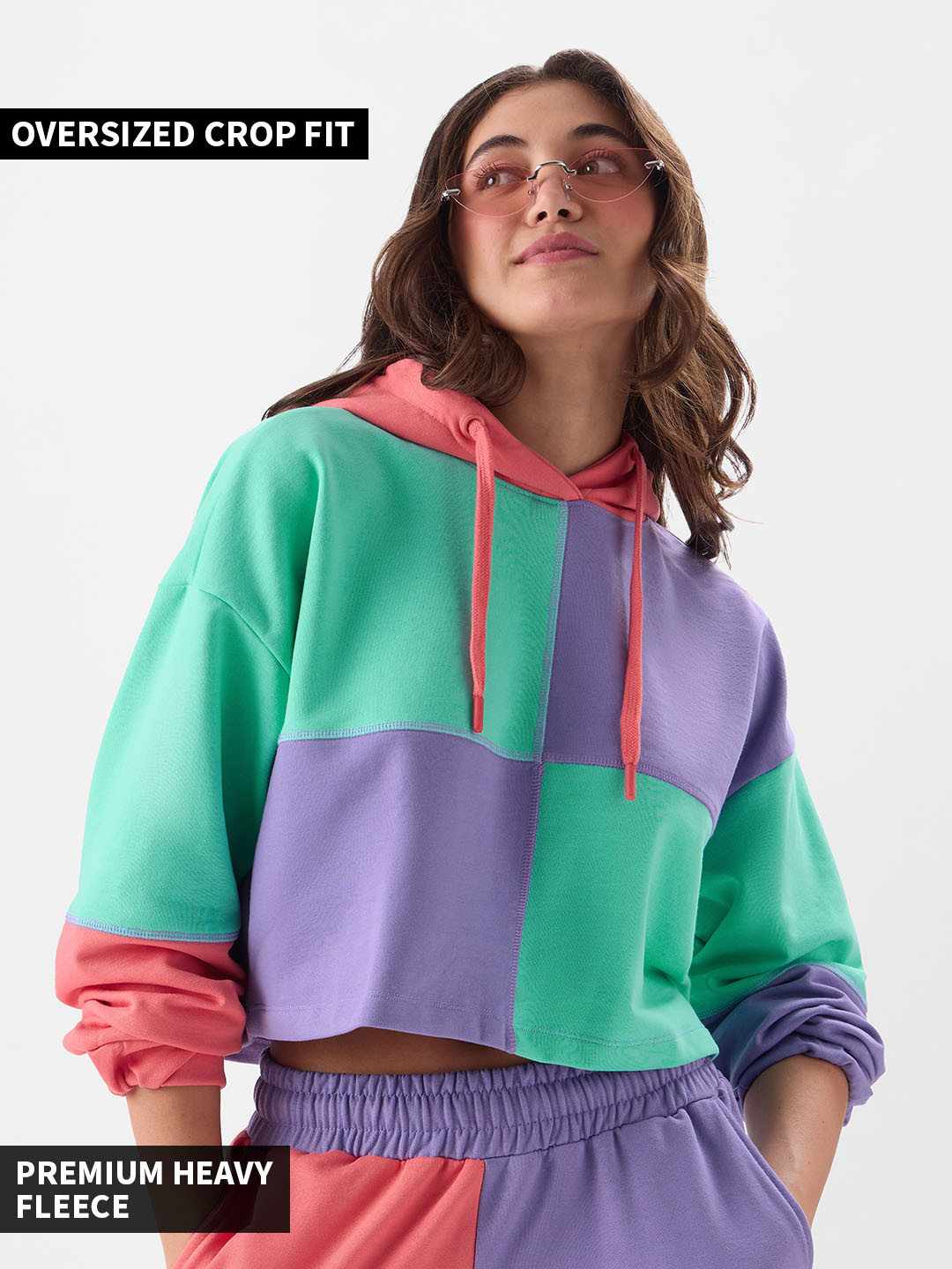 The Souled Store Purple & Sea Green Orchid Sorbet Colourblocked Hooded Cropped Sweatshirt