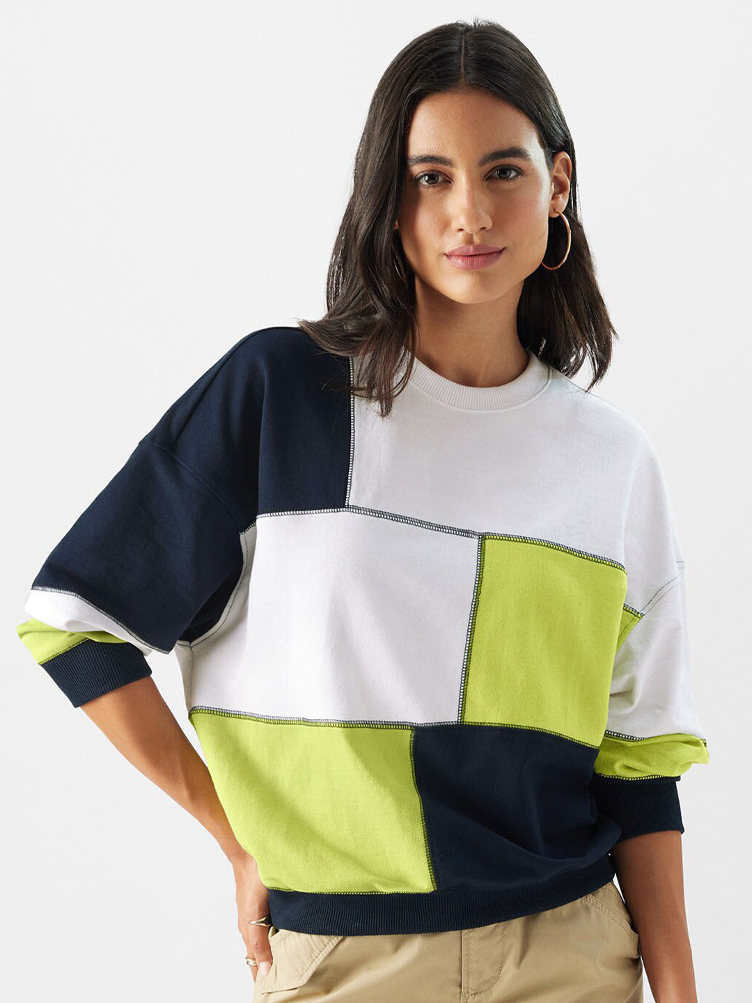 The Souled Store White & Navy Blue Colourblocked Ribbed Oversized Sweatshirt