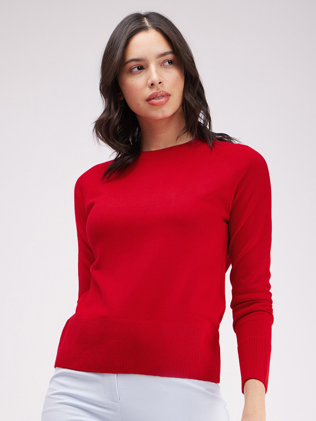 FableStreet Raglan Sleeves Round Neck Acrylic Wool Pullover Sweater