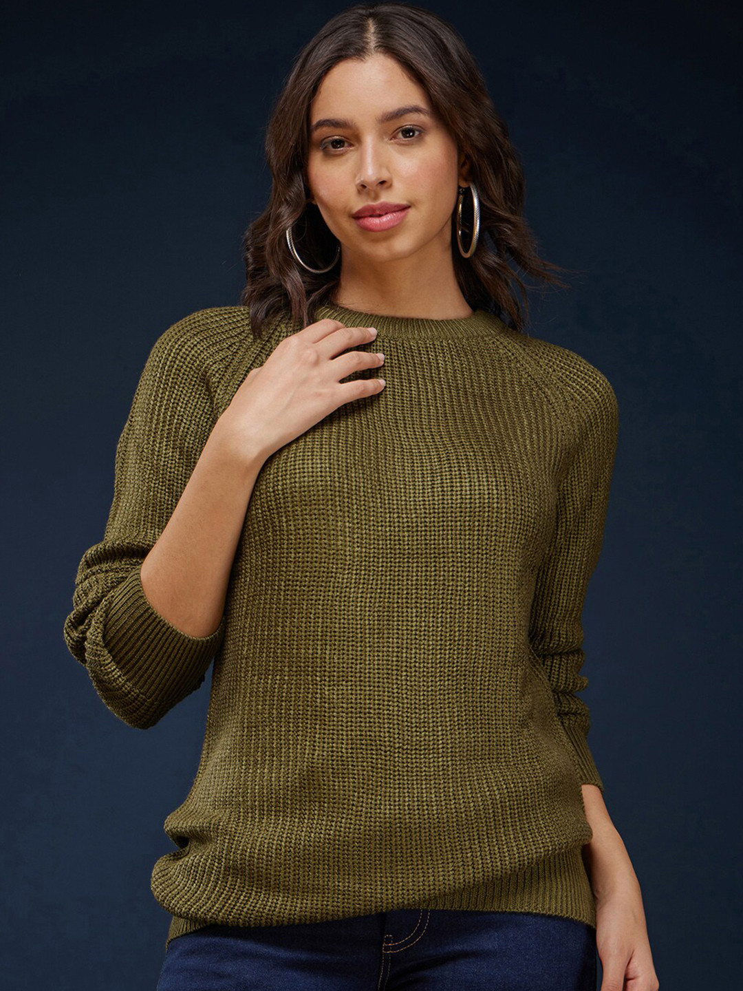 FableStreet Raglan Sleeves Longline Acrylic Wool Pullover Sweater