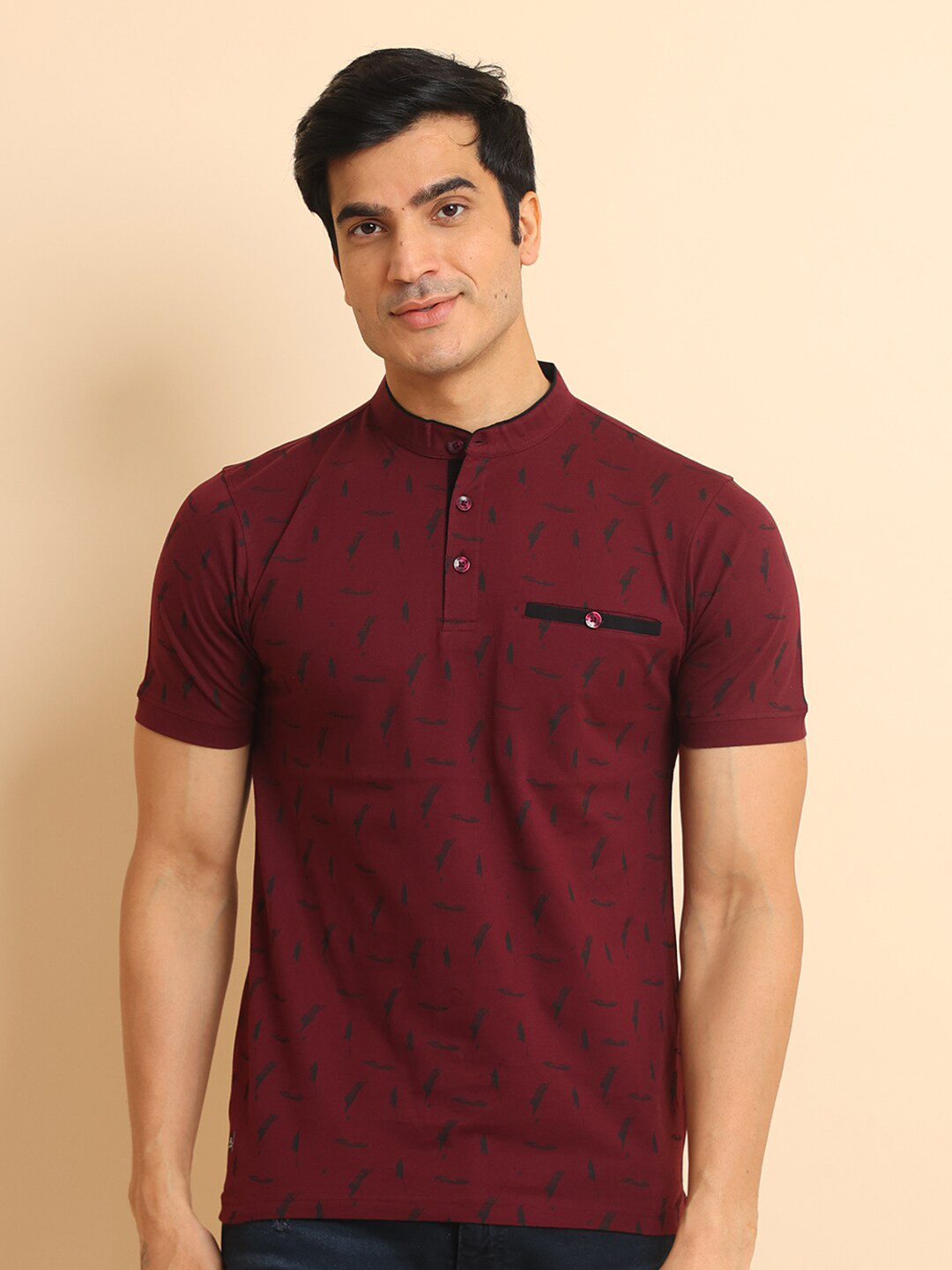 berry blues Abstract Printed Band Collar Short Sleeves Cotton T-shirt