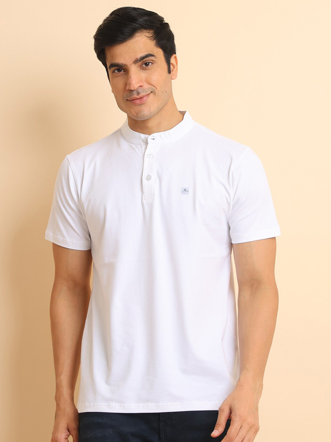 berry blues Band Collar Short Sleeves Cotton T-shirt