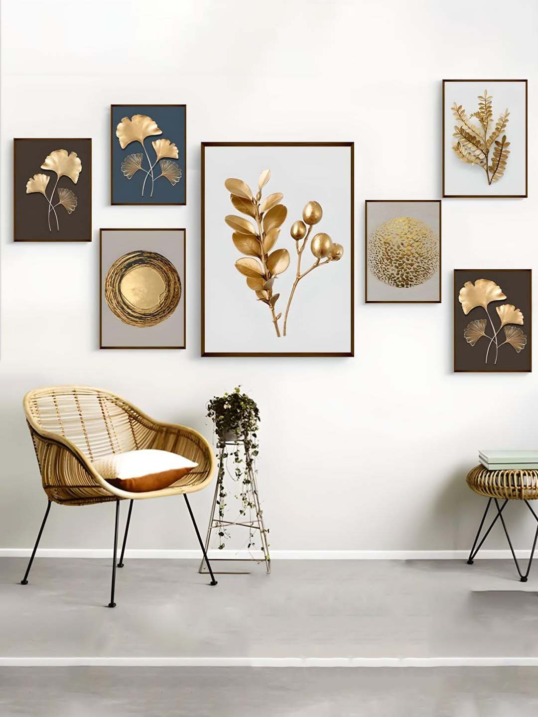 The Art House 7 Pcs Golden & White Abstract Painting Wall Art