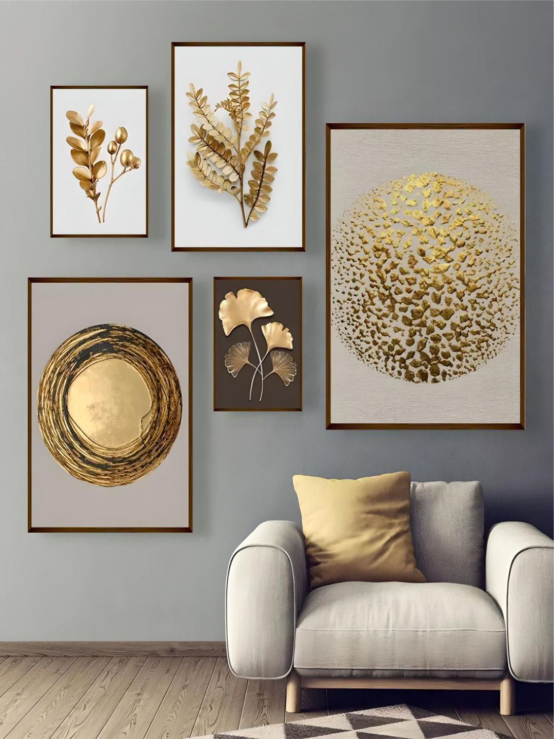 The Art House 5 Pcs Golden & Beige Abstract Canvas Wall Painting