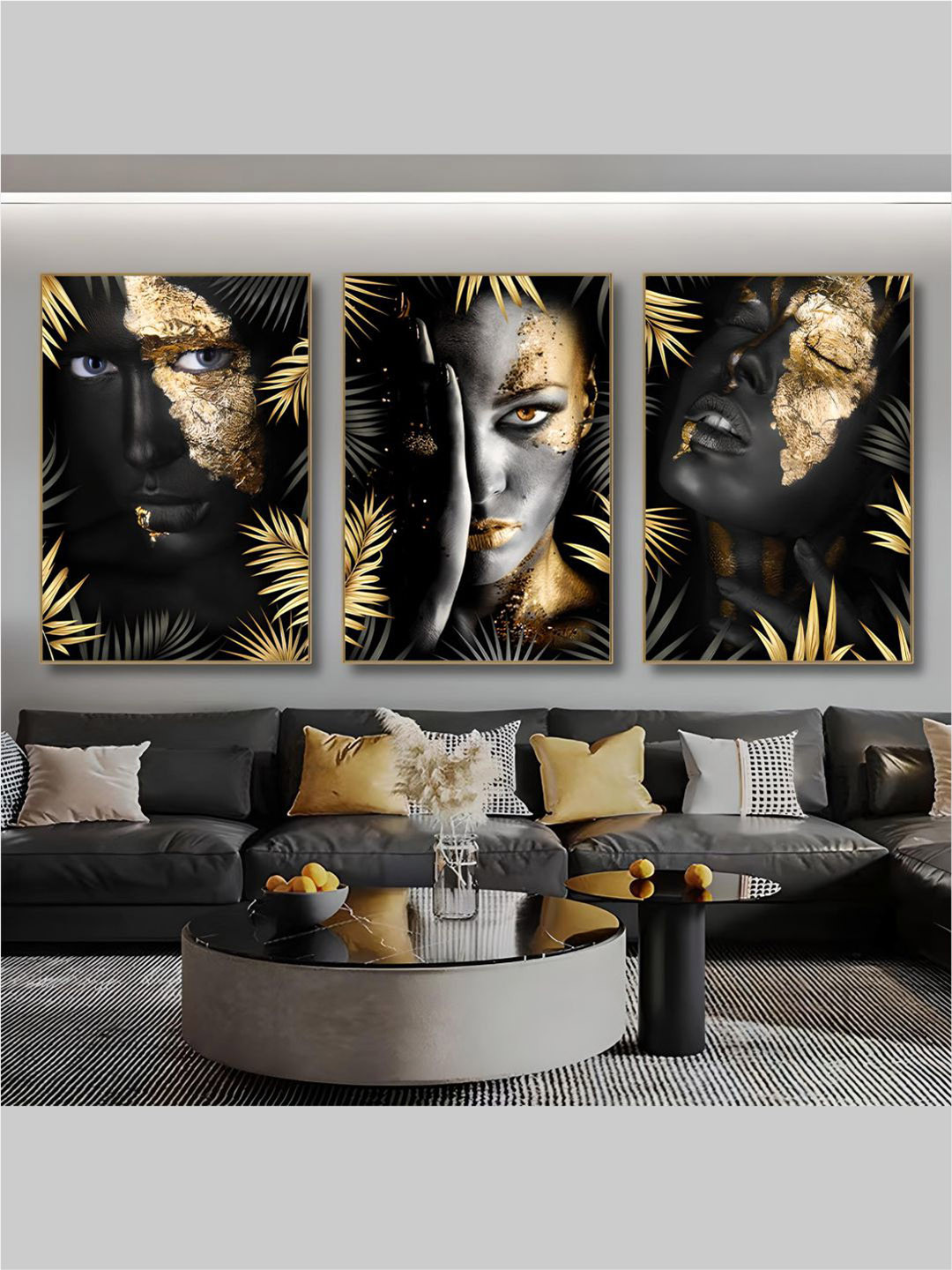 The Art House 3 Pcs Black & Golden Masked Face Wall Painting