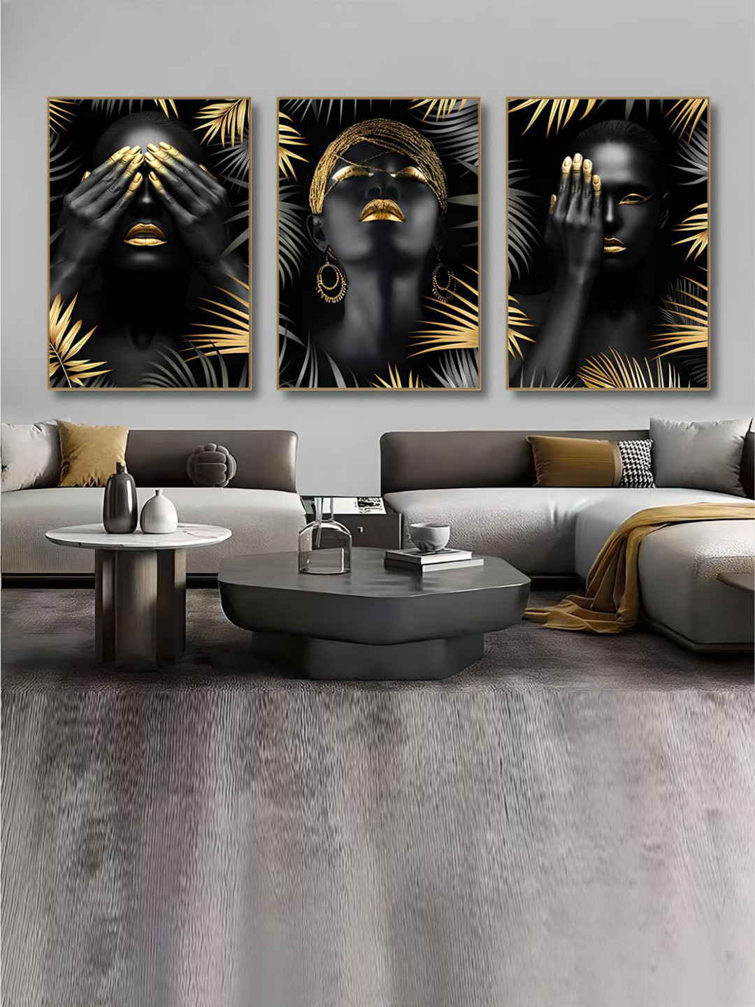 The Art House 3 Pieces Black & Gold-Toned Abstract Canvas Painting Wall Art