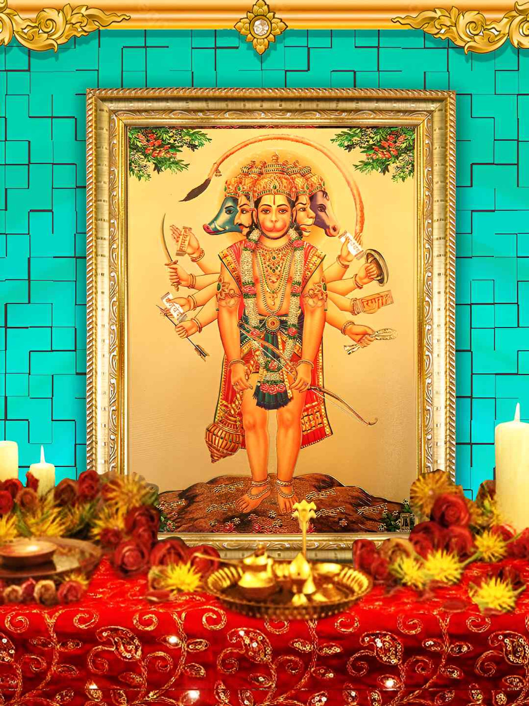 Hawai Gold-Toned & Green 24k Gold Plated Panchmukhi Hanuman Wood Wall Photo Frame