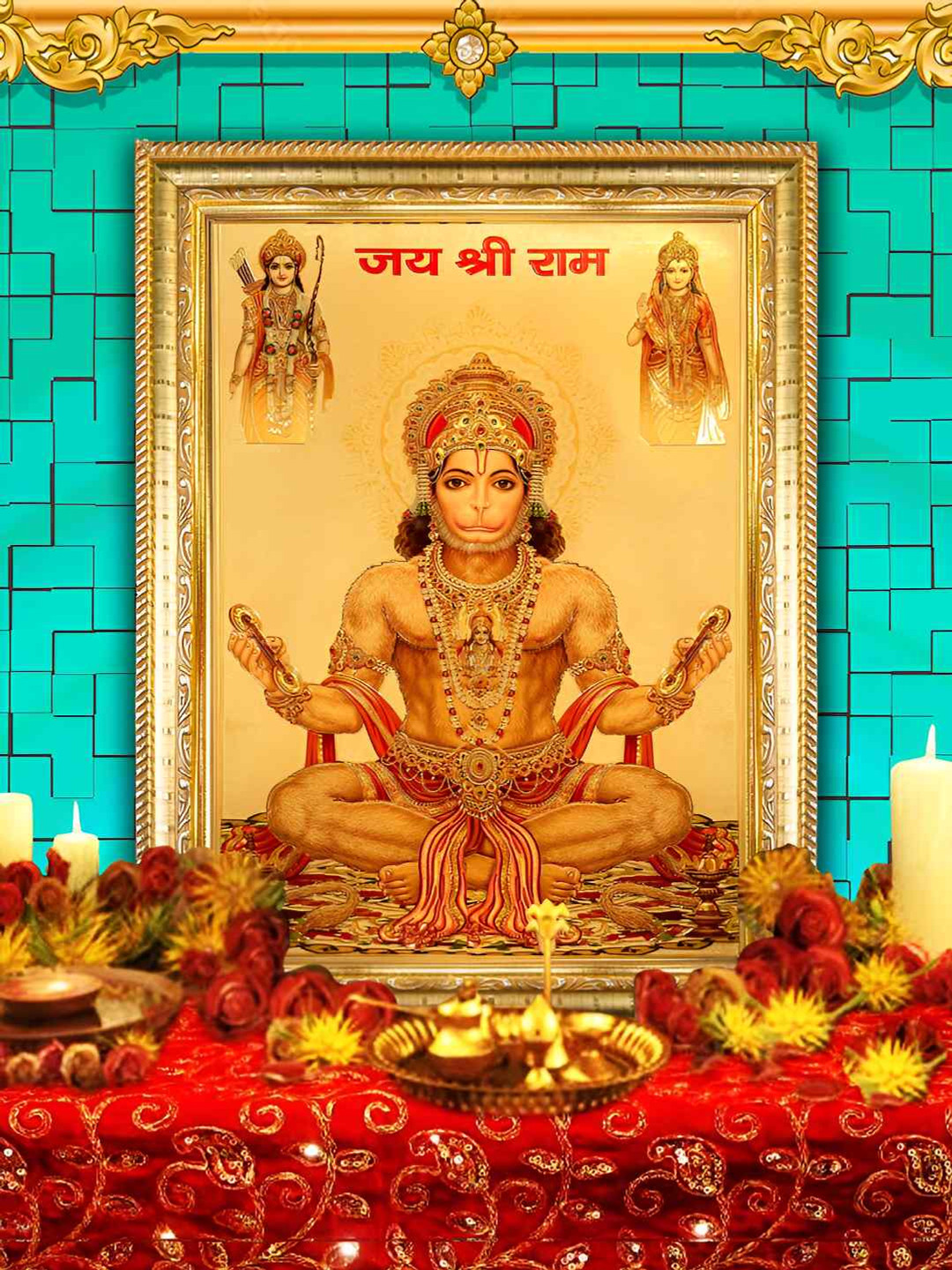 Hawai Gold-Toned & Red 24k Gold Plated Hanuman ji Ram ji Sita Maa Wood Wall Photo Frame