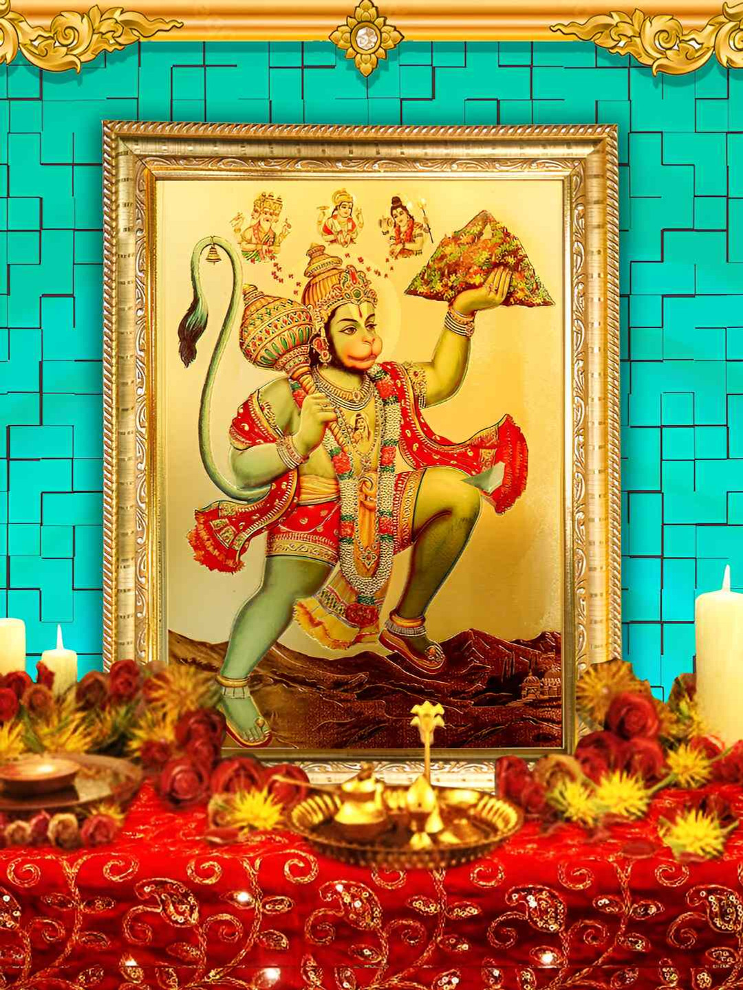 Hawai Gold-Toned & Green 24k Gold Plated Shree Hanuman Sanjeevani Wood Wall Photo Frame