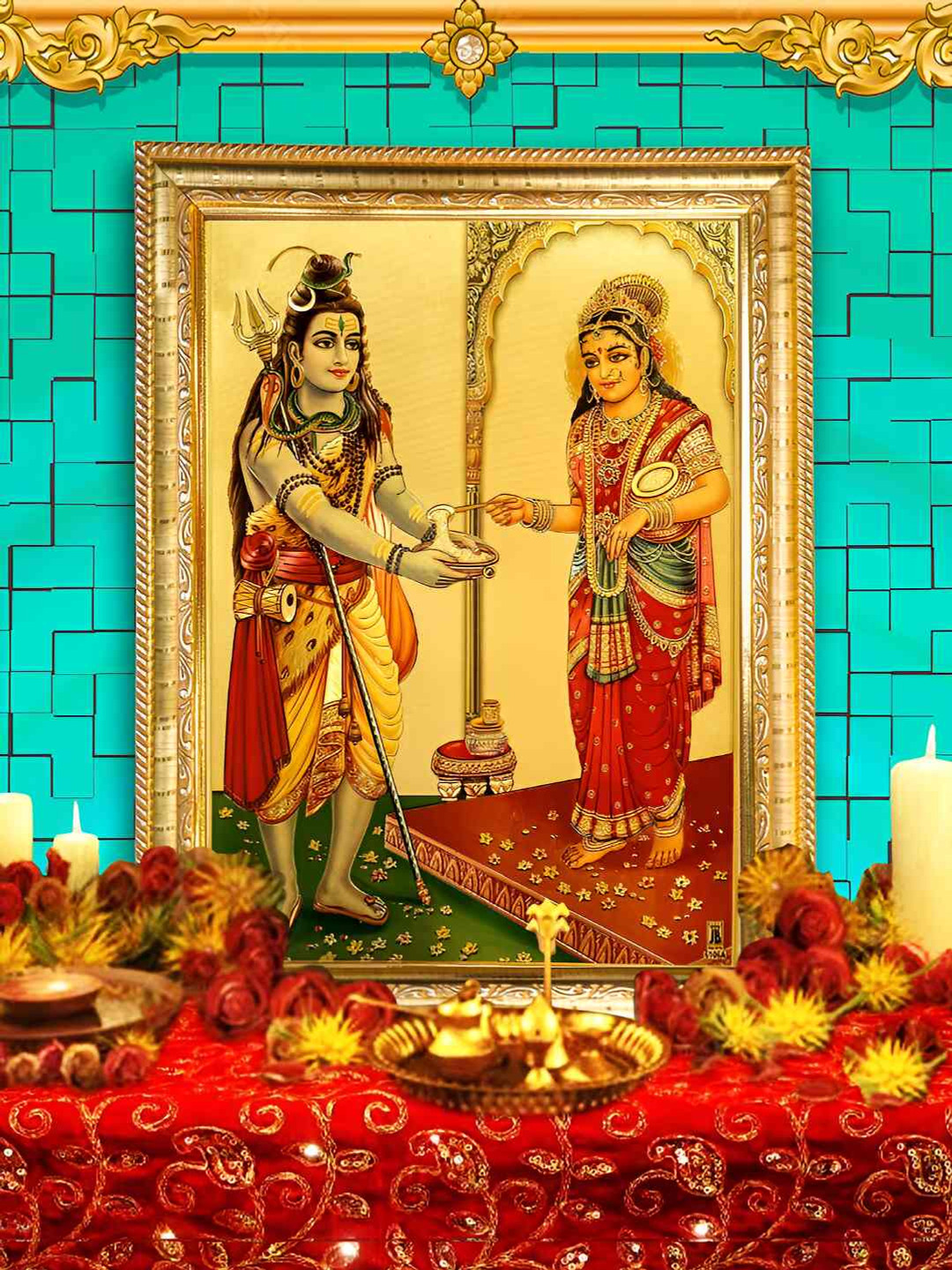 Hawai Gold-Toned & Red 24k Gold Plated Lord Shiva and Annapurna devi Wood Wall Photo Frame